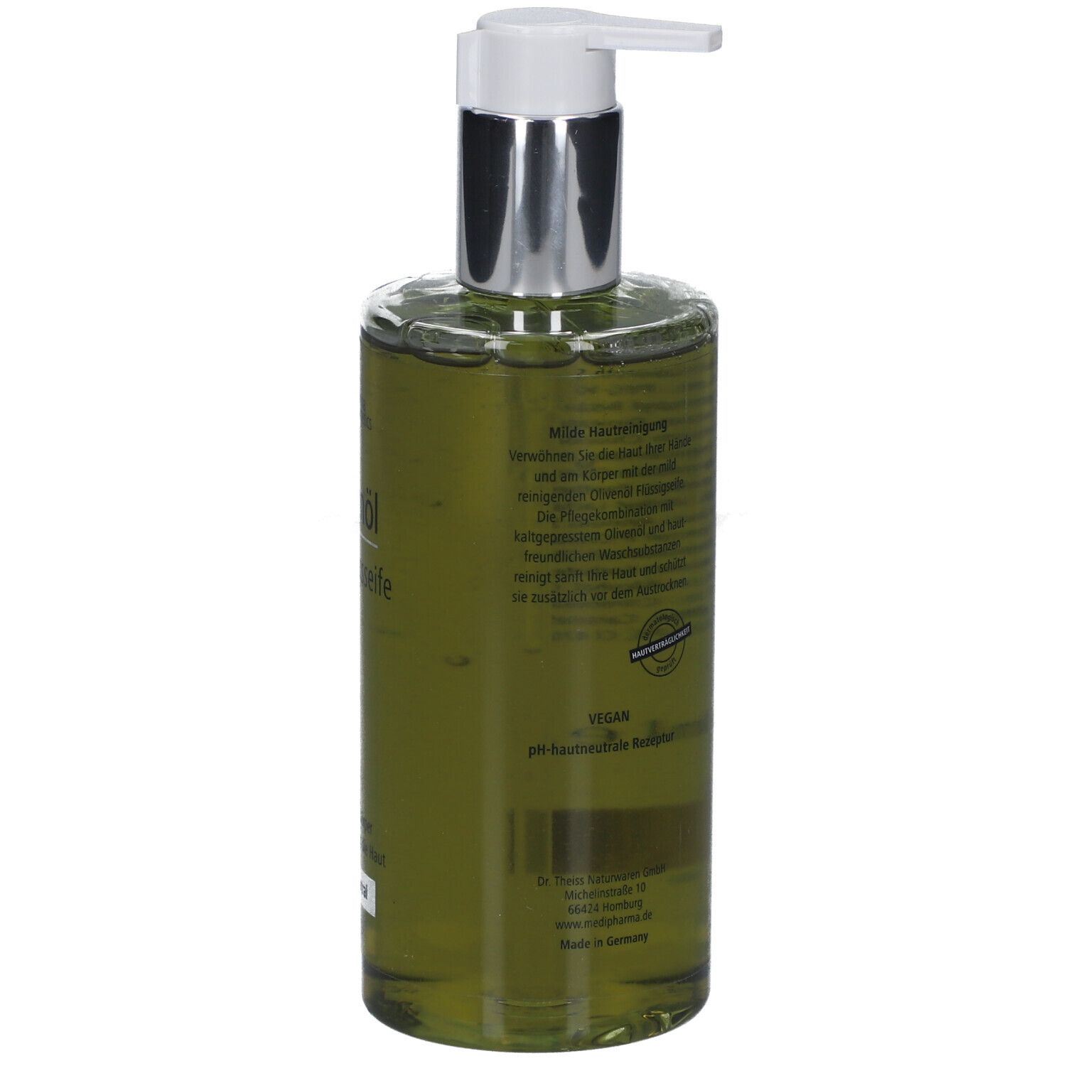 Rückseite der grünen Flüssigseife. Text mit Inhaltsstoffen und Herstellerinformationen. 300 ml. Barcode. Vegan.
