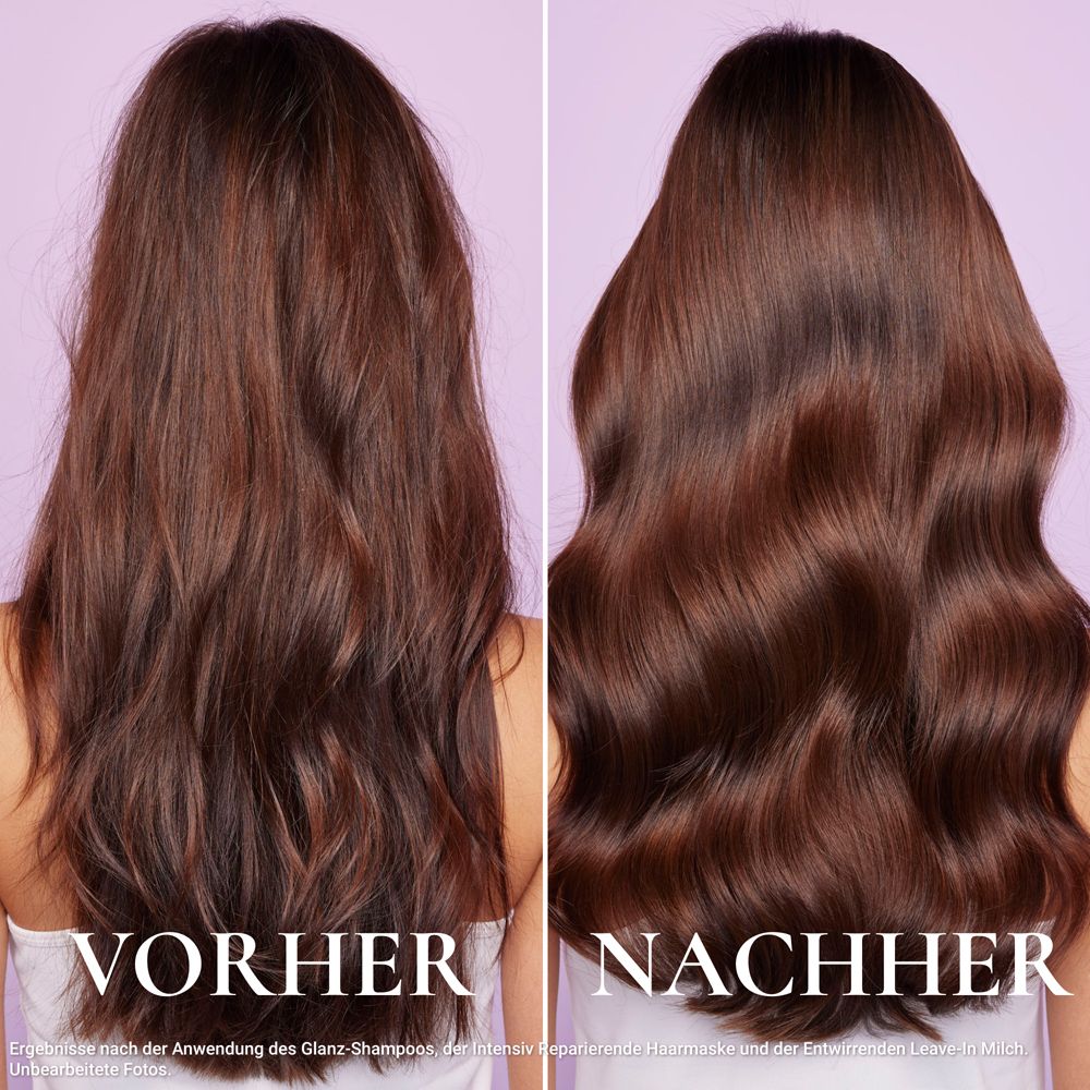 Vorher-Nachher-Vergleich von Haaren. Links: wellig. Rechts: glänzend, glatt. NUXE Haarmaske.