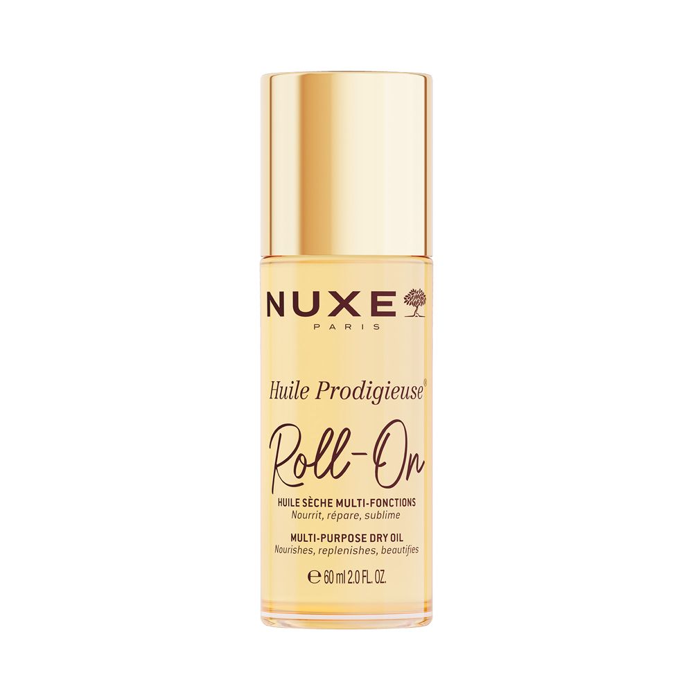 NUXE Huile Prodigieuse Roll-on. Goldfarbene Flasche mit Roll-on-Applikator. Produktetikett mit Text.