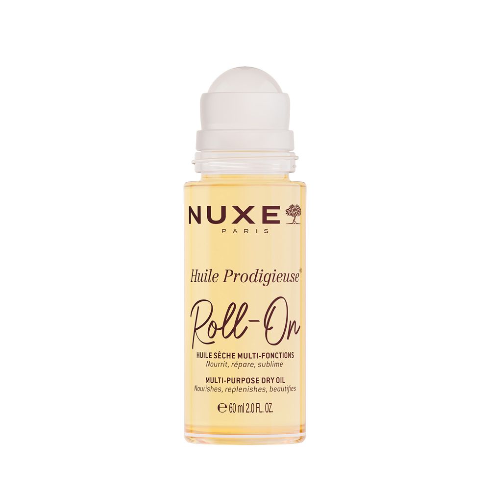 NUXE Huile Prodigieuse Roll-on. Flasche mit weißem Roll-on-Applikator. Produktetikett mit Text.