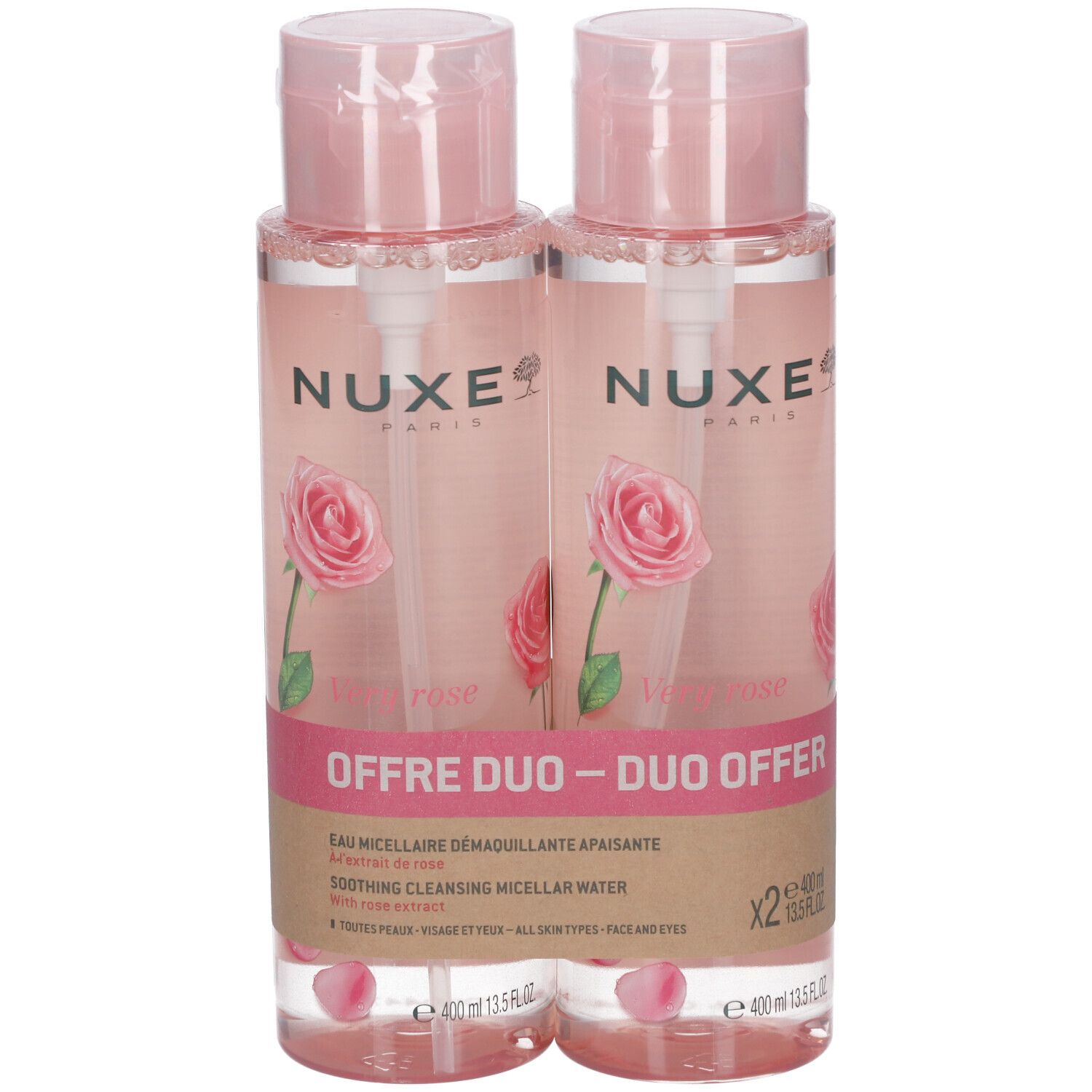 Zwei Flaschen Mizellenwasser. Rosa Flüssigkeit, rosa Deckel, transparente Pumpen. Aufdruck: NUXE, Rose, Duo-Angebot. Rosen-Illustration.