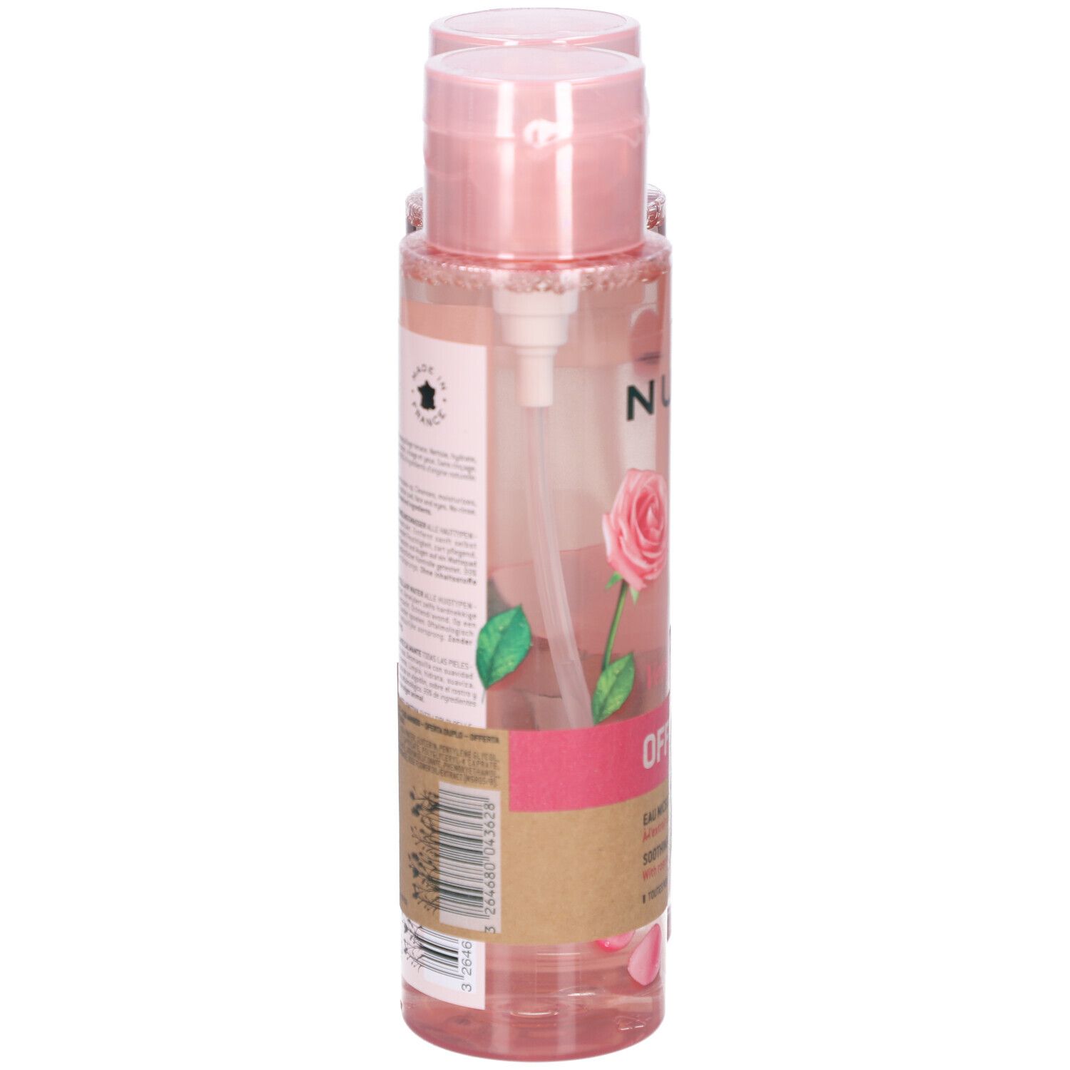 Flasche Mizellenwasser, rosa Flüssigkeit, rosa Deckel, transparente Pumpe. Aufdruck: NUXE, Rose. Etikett mit Text und Illustrationen.