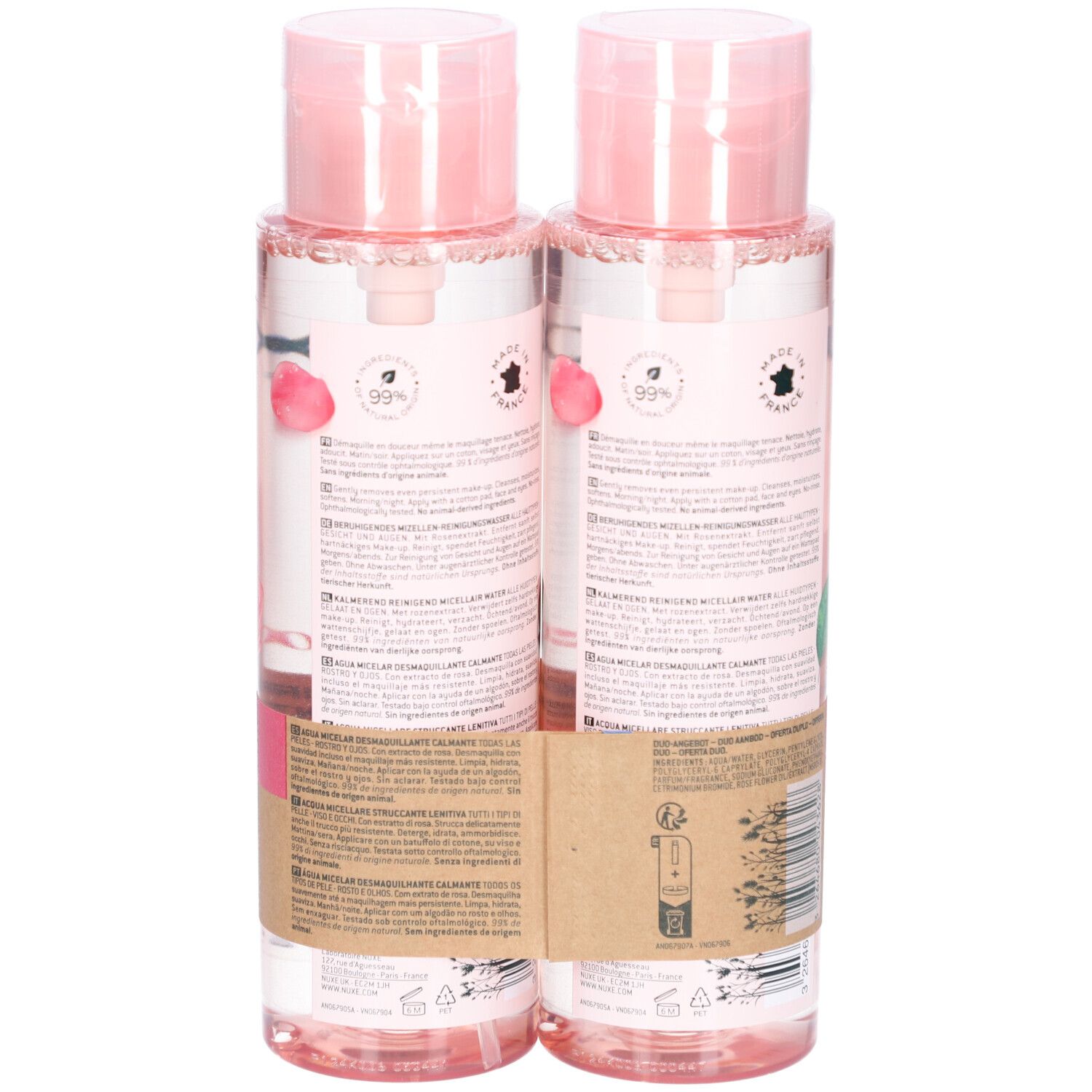 Zwei Flaschen Mizellenwasser, Rückseite. Etiketten mit Text und Illustrationen. Aufdruck: NUXE, Rose. Zertifizierungszeichen.