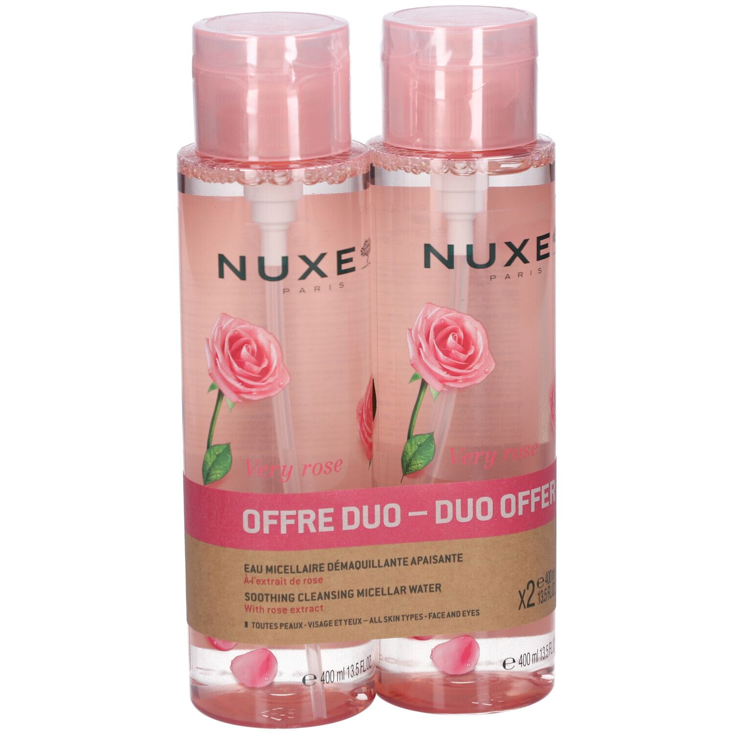 Zwei Flaschen Mizellenwasser. Rosa Flüssigkeit, rosa Deckel, transparente Pumpen. Aufdruck: NUXE, Rose, Duo-Angebot. Rosen-Illustration.