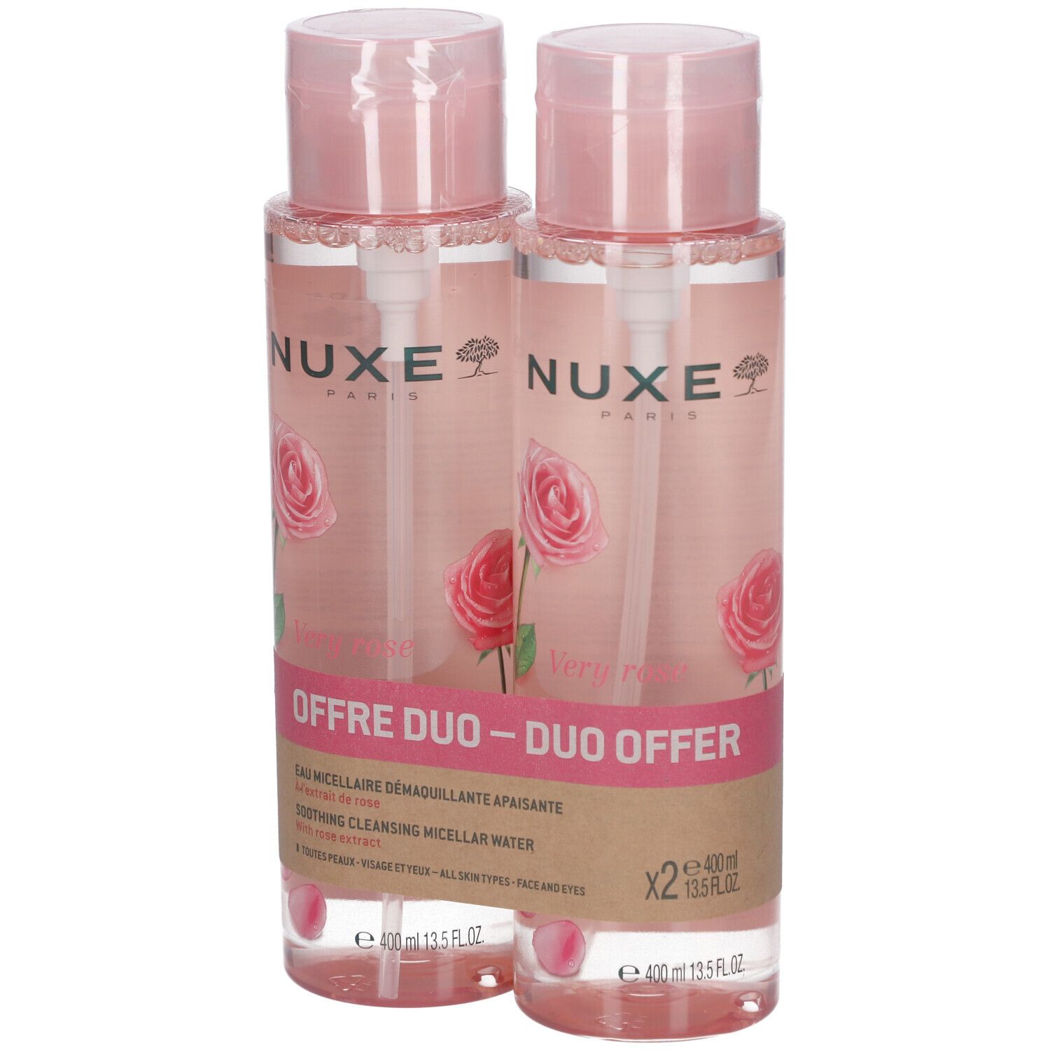 Zwei Flaschen Mizellenwasser. Rosa Flüssigkeit, rosa Deckel, transparente Pumpen. Aufdruck: NUXE, Rose, Duo-Angebot. Rosen-Illustration.
