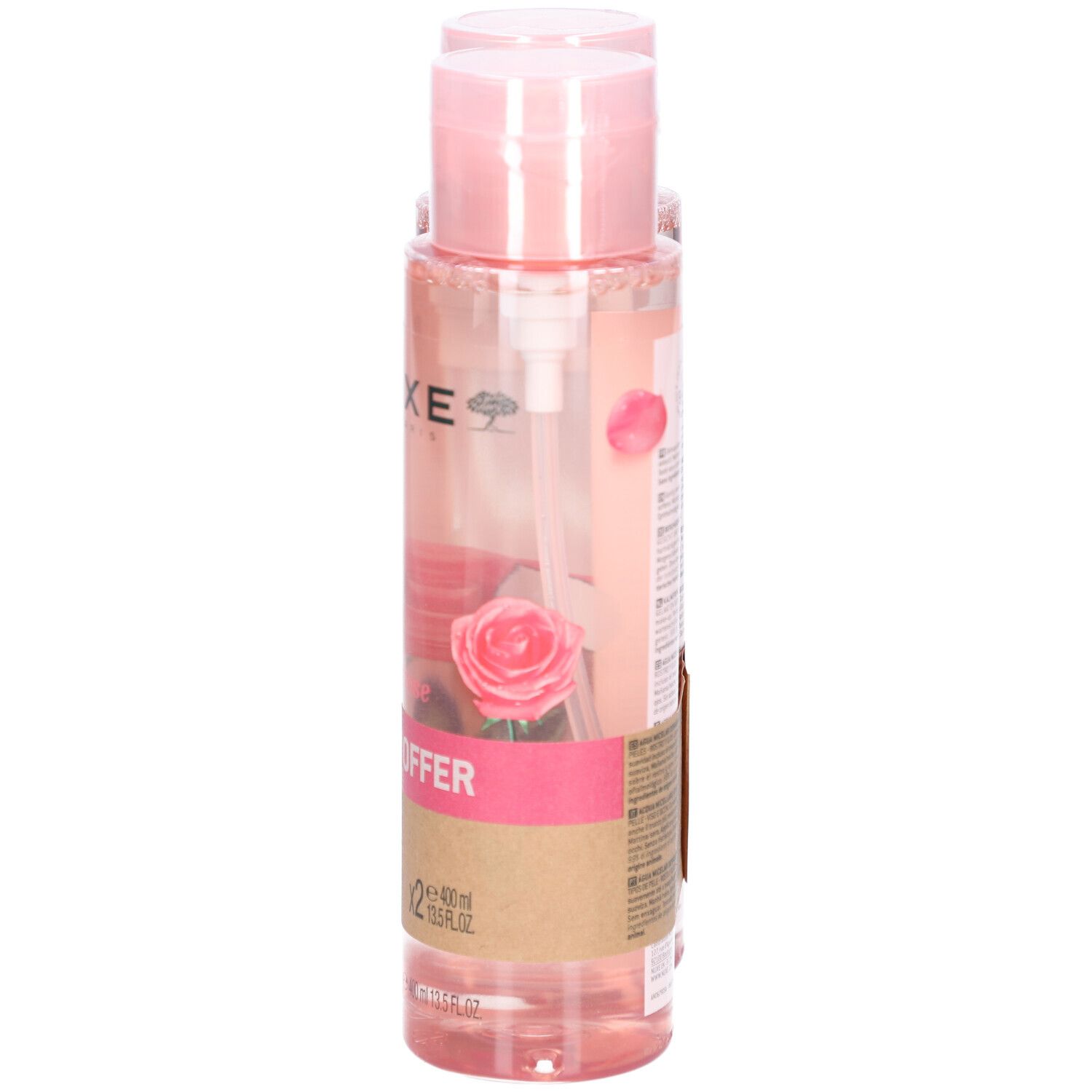 Flasche Mizellenwasser, rosa Flüssigkeit, rosa Deckel, transparente Pumpe. Aufdruck: NUXE, Rose, Duo-Angebot. Rosen-Illustration.