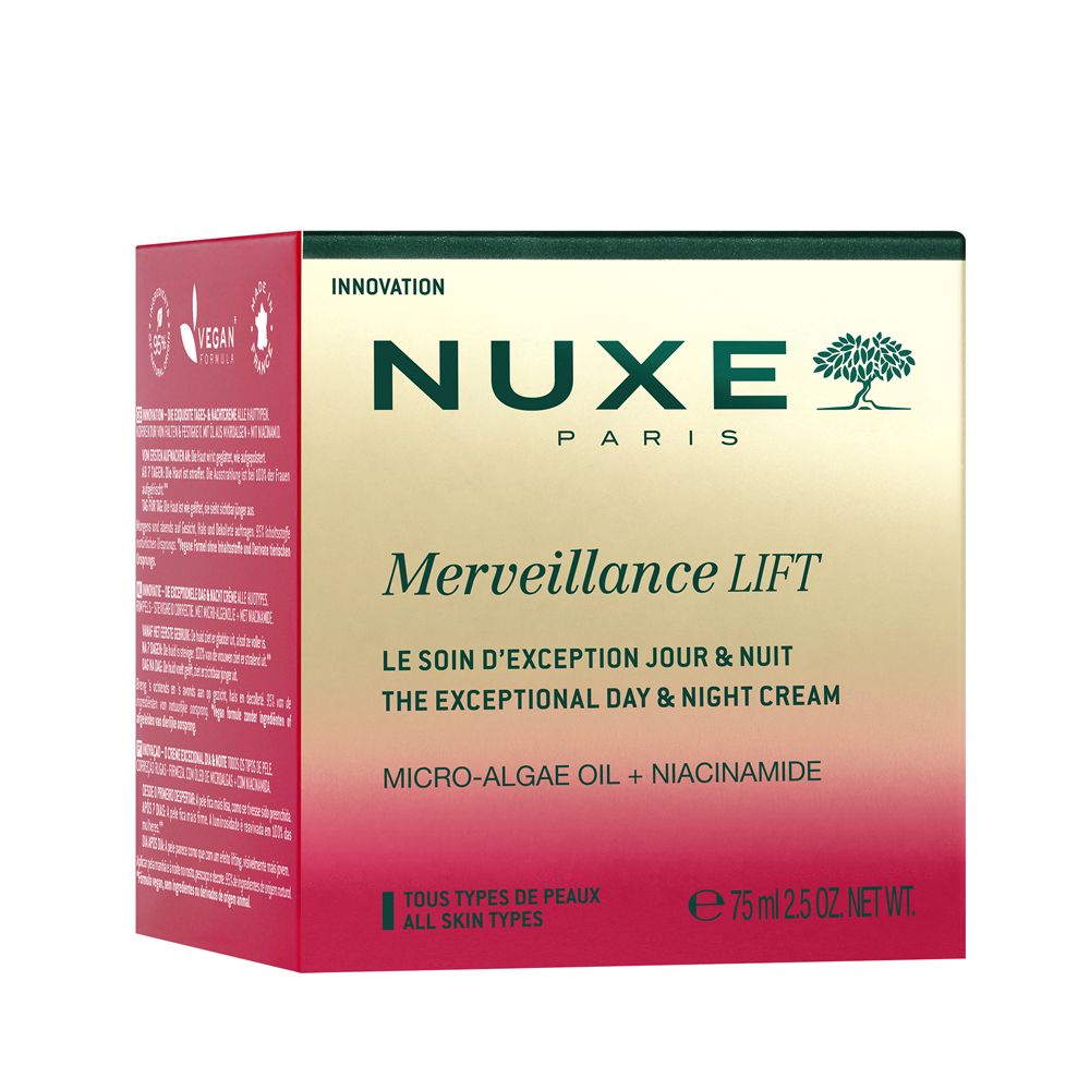 Verpackung mit rosa-weißem Farbverlauf. Aufschrift: NUXE, Merveillance Lift, 75 ml, vegan.