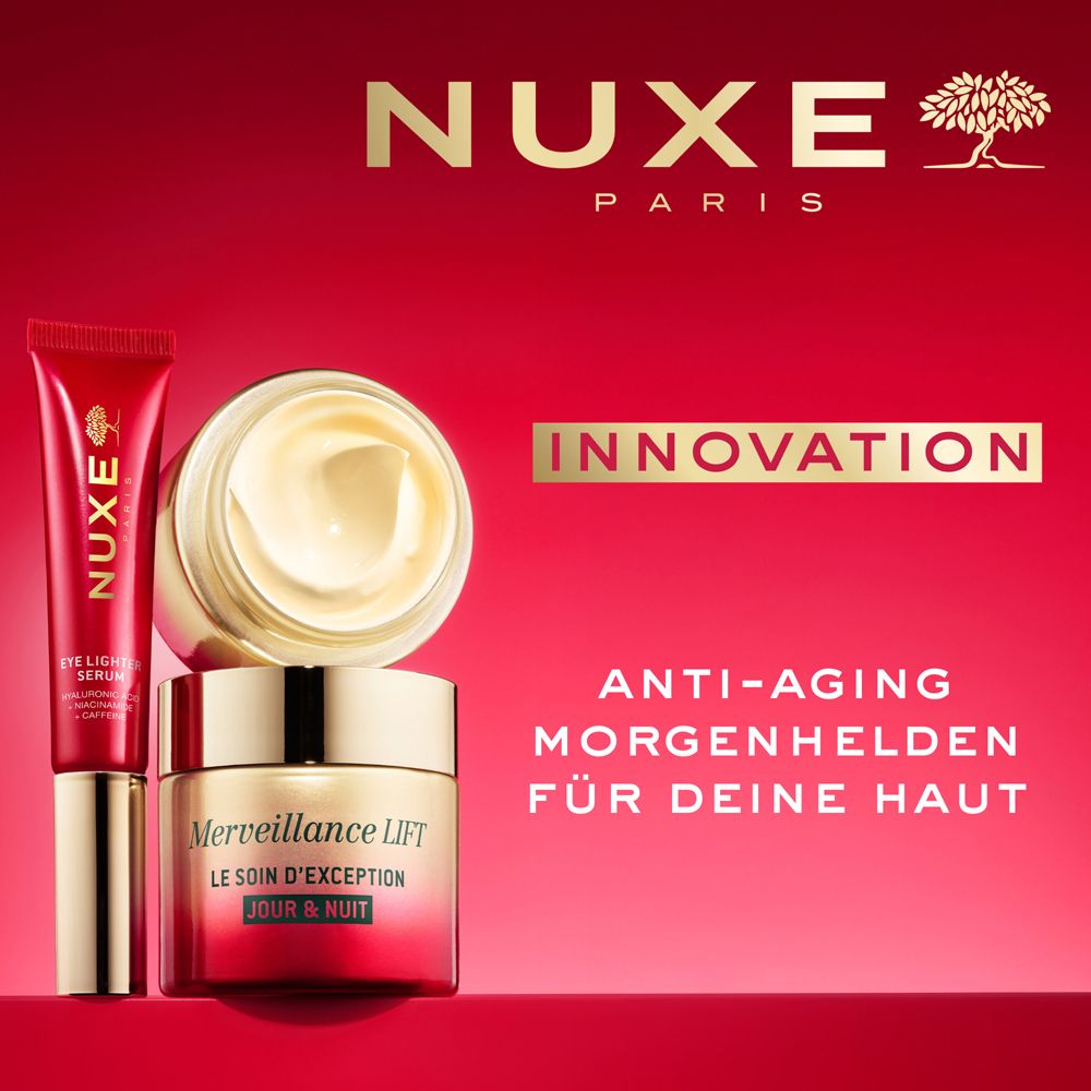 Drei Produkte auf rotem Hintergrund. Aufschrift: NUXE, Eye Lift Serum, Merveillance Lift Creme.