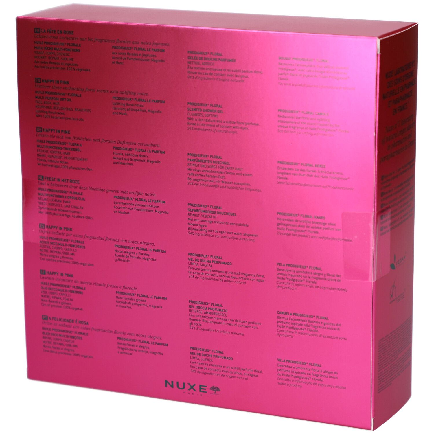 Rückseite der pinken Geschenkbox. Text in mehreren Sprachen. NUXE-Logo unten rechts.