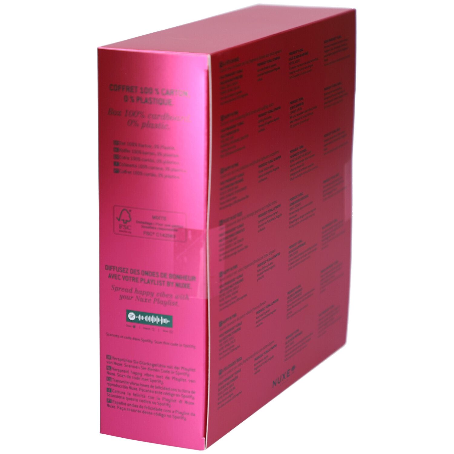Pinke Geschenkbox, Seitenansicht. Text und Logos, darunter FSC-Logo. Spotify-Code.