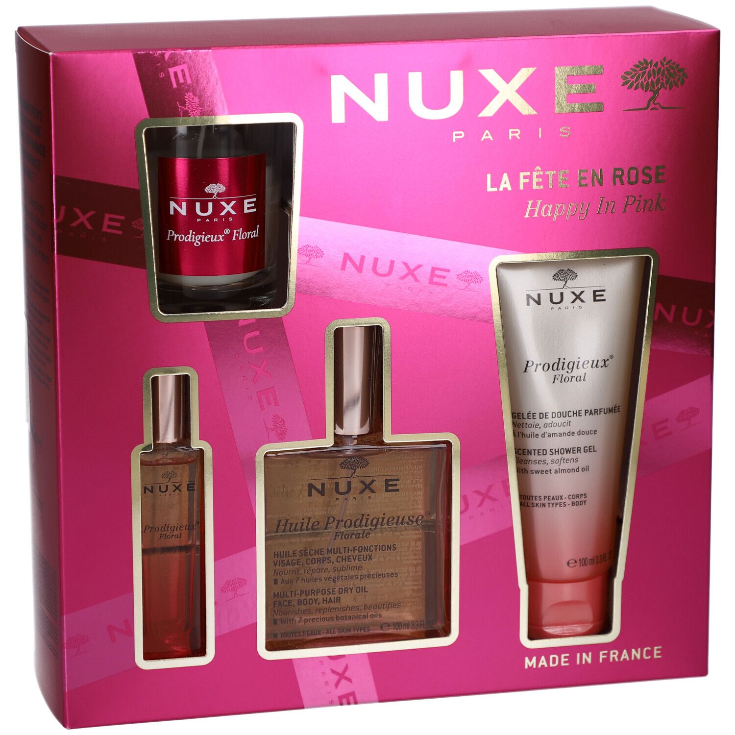 Pinke Geschenkbox mit Produkten. Enthält Kerze, Öl und Duschgel. NUXE-Logo und Produktnamen sichtbar. « La Fête en Rose ».