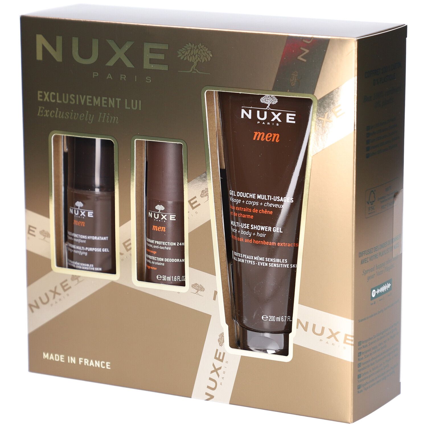 Geschenkset mit drei NUXE Men Produkten. Enthält Multi-Purpose Gel, Deodorant und Duschgel. Goldfarbene Verpackung mit Sichtfenster.