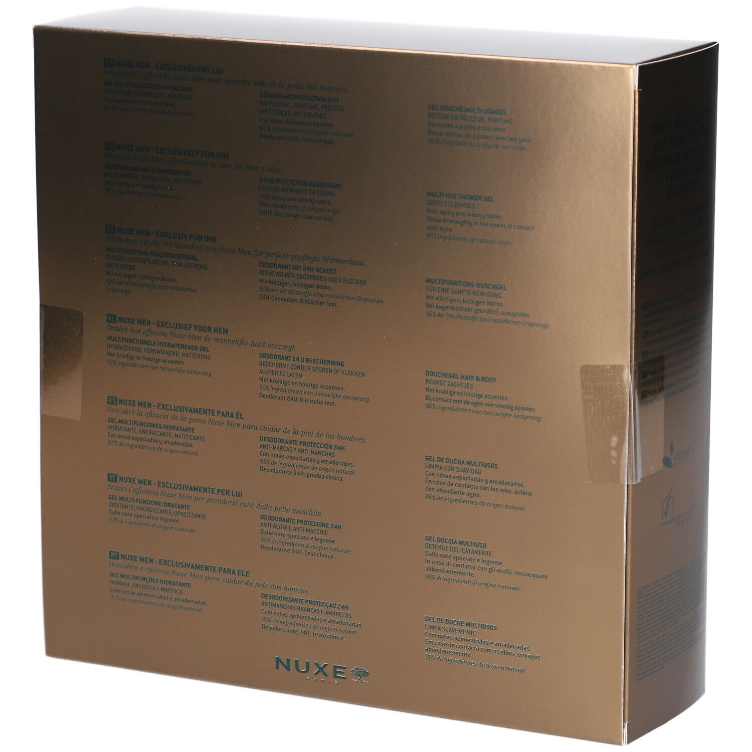 Rückseite der goldfarbenen Geschenkbox. Text in mehreren Sprachen. NUXE Logo.