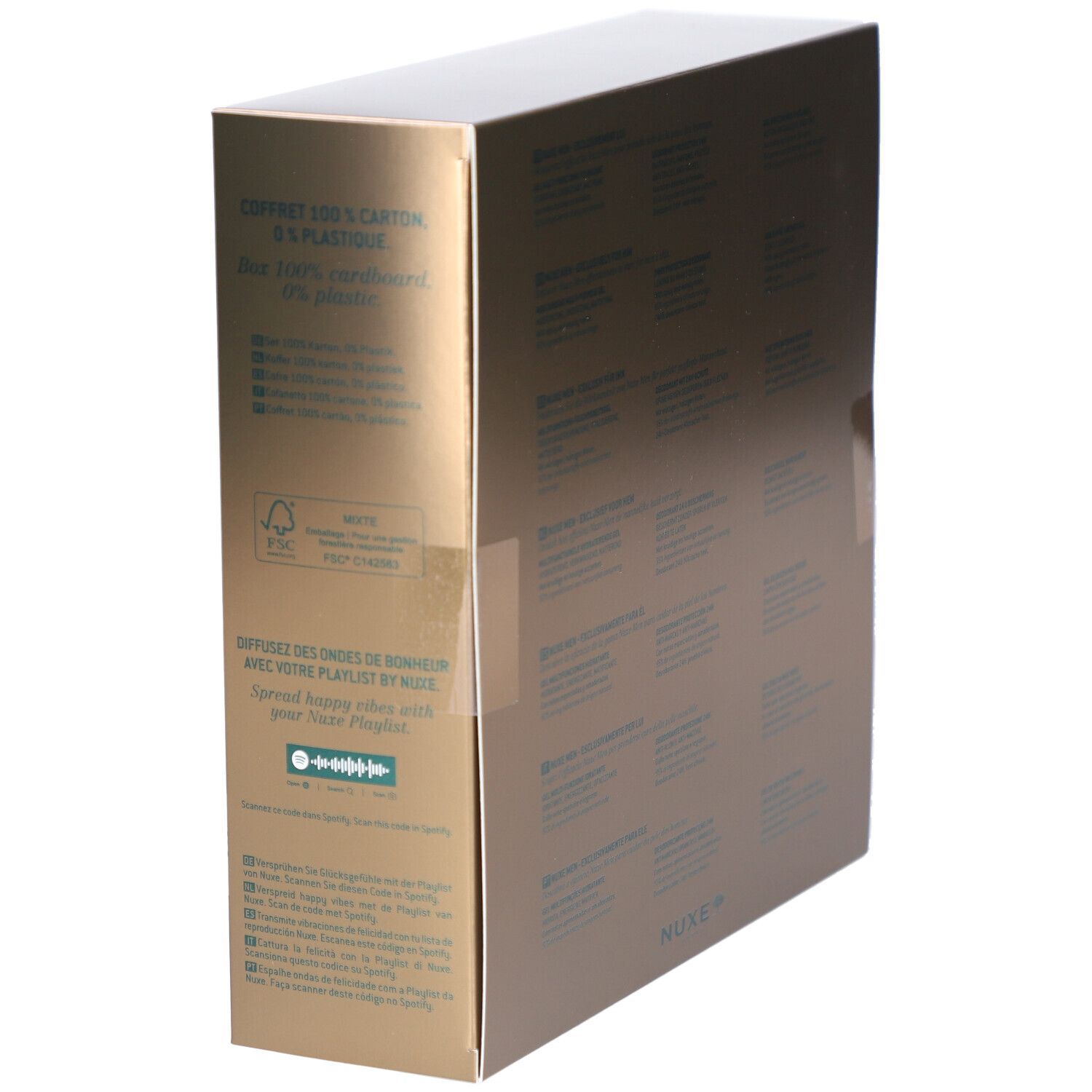 Goldfarbene Geschenkbox. Text über Nachhaltigkeit und Recycling. NUXE Logo.