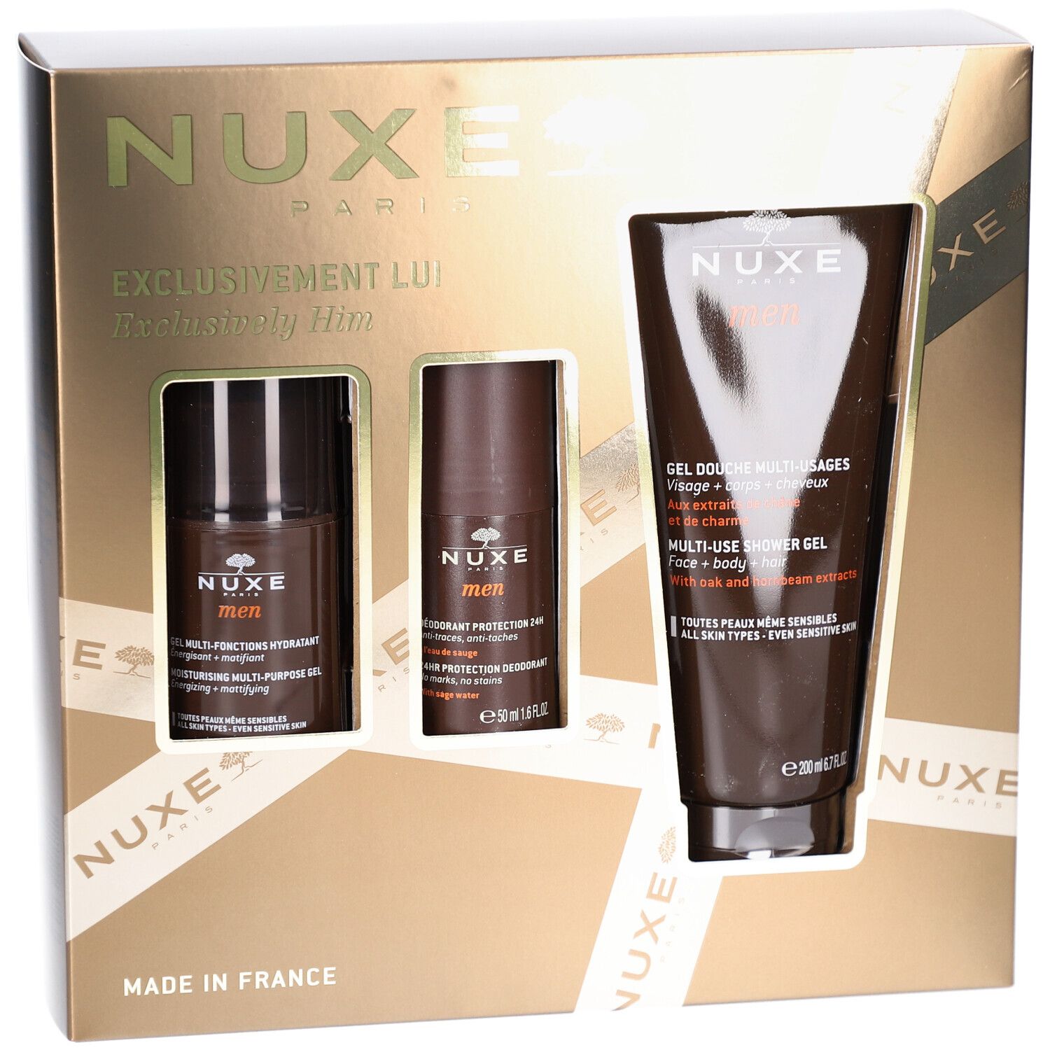 Geschenkset NUXE Men mit drei Produkten. Enthält Multi-Purpose Gel, Deodorant und Duschgel. Goldfarbene Verpackung.