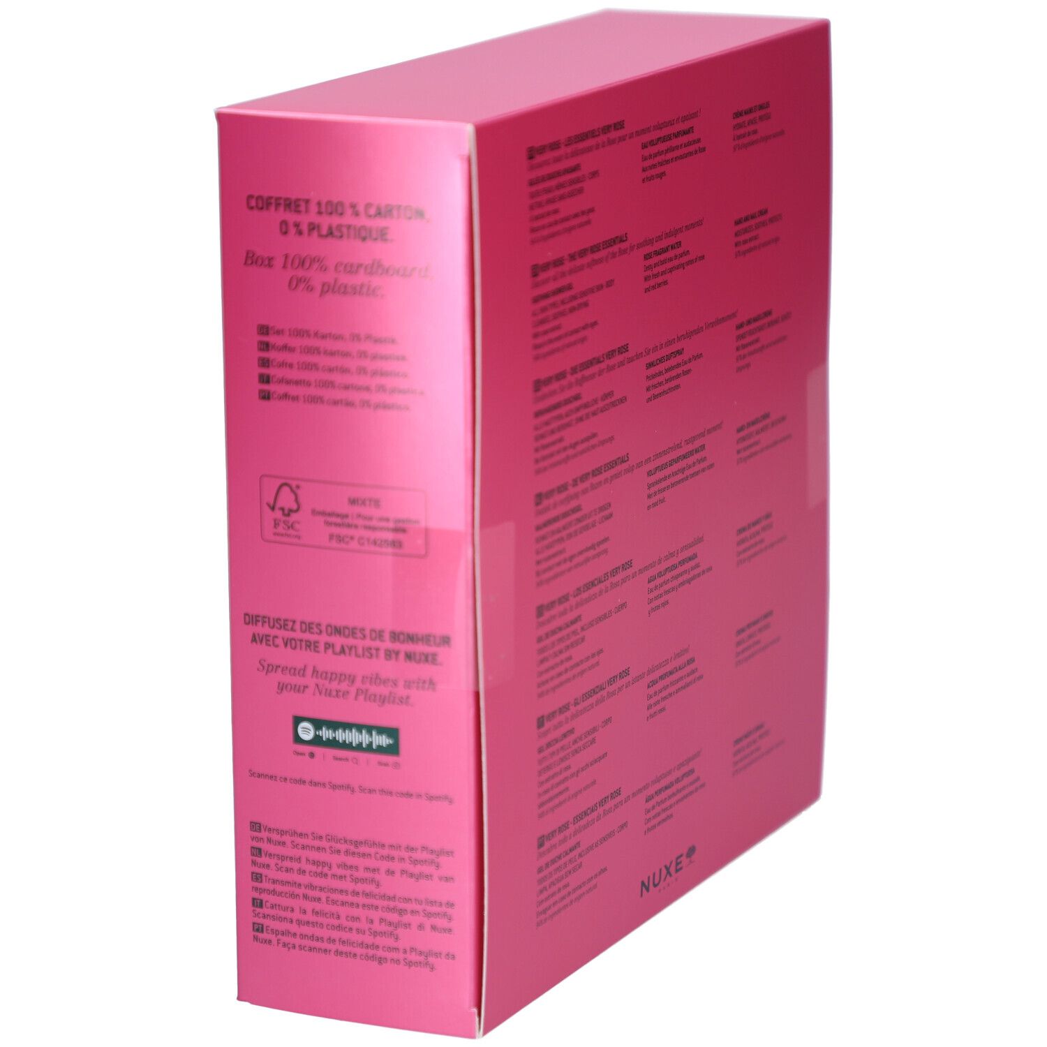 Rückseite der rosa Geschenkbox. Text über Nachhaltigkeit. FSC-Logo. Spotify-Code.