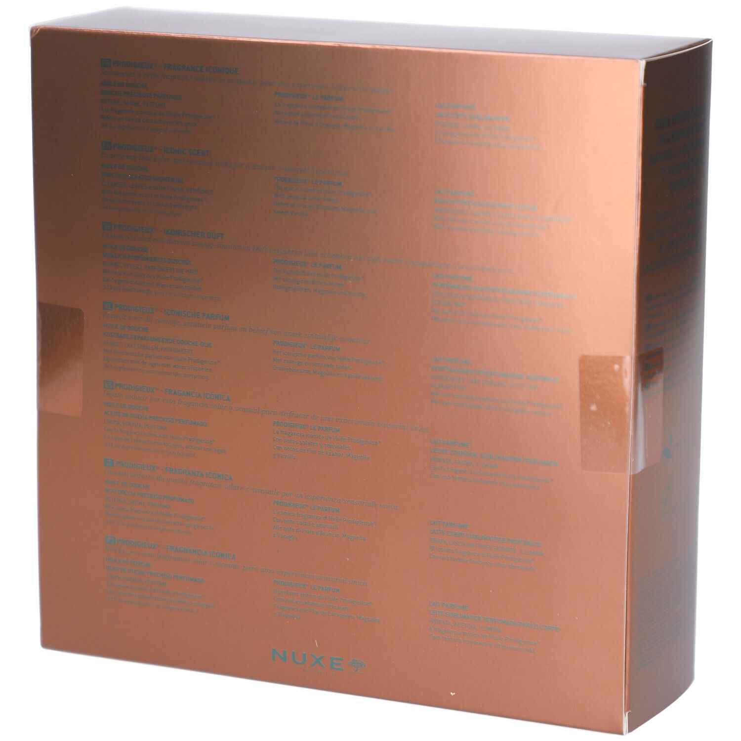 Braune Geschenkbox, Rückseite mit Text. Enthält Informationen über die Produkte. NUXE-Logo unten.