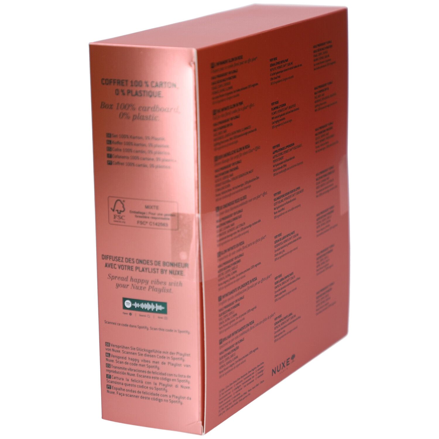 Rosa Geschenkbox mit Text. Enthält Informationen über die Verpackung und das FSC-Logo. Marke NUXE.