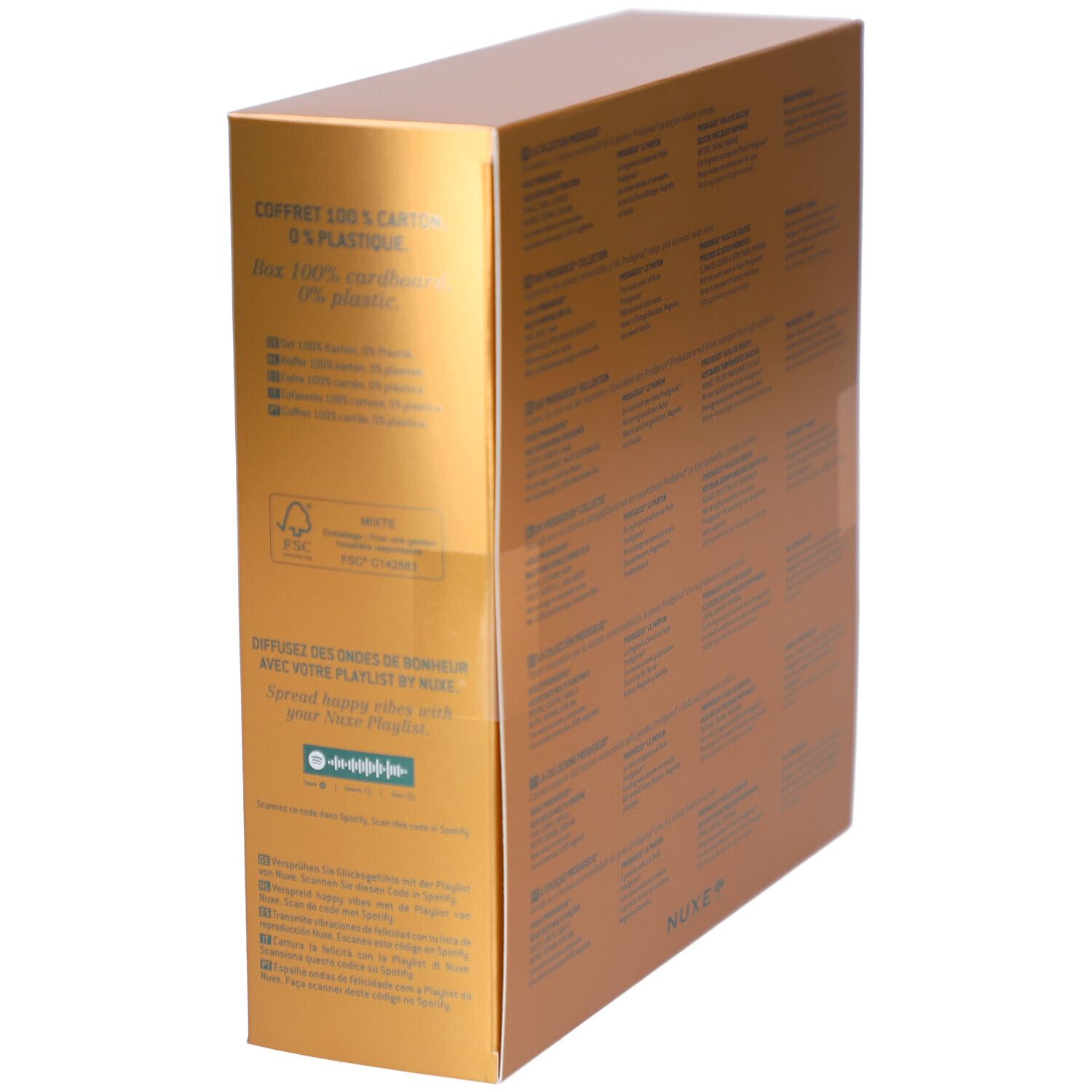 Seite einer goldenen Geschenkbox. Text: Coffret 100% carton, FSC-Logo, QR-Code. NUXE-Logo unten.