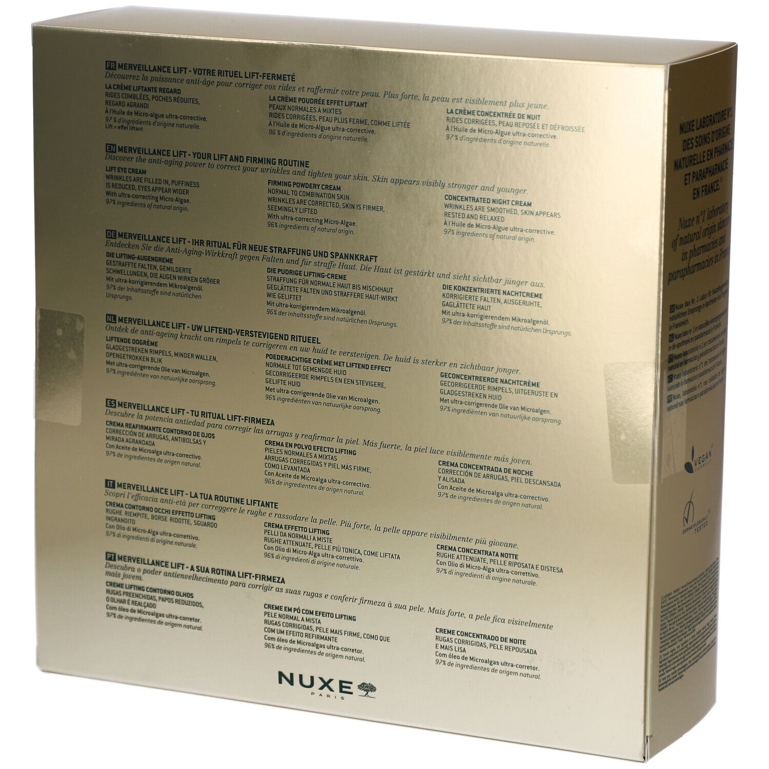 Rückseite der Geschenkbox. Text in mehreren Sprachen. NUXE-Logo. Informationen zu Inhaltsstoffen und Anwendung.