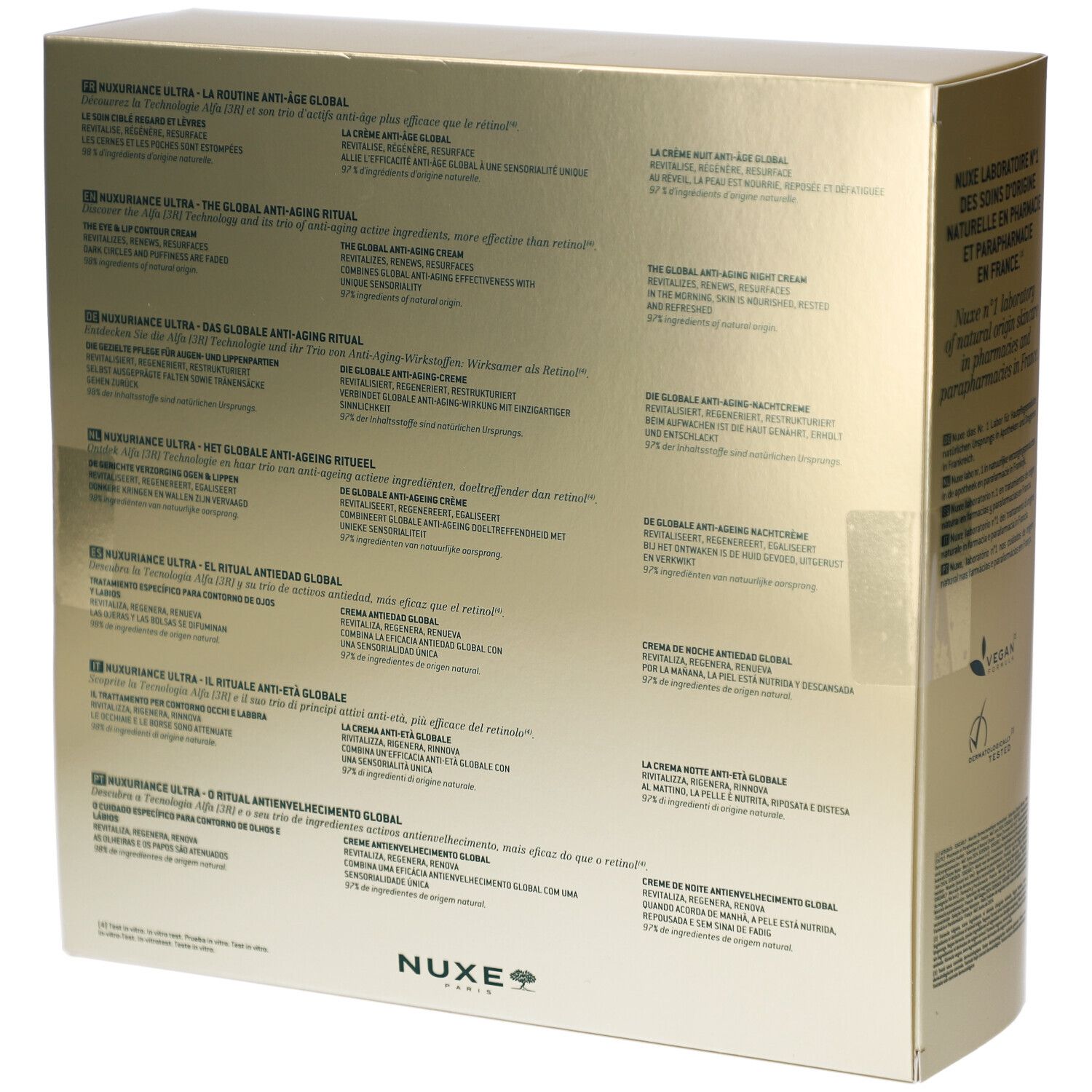 Rückseite der Geschenkbox mit Text in mehreren Sprachen. Enthält Informationen über die Inhaltsstoffe und die Marke NUXE.