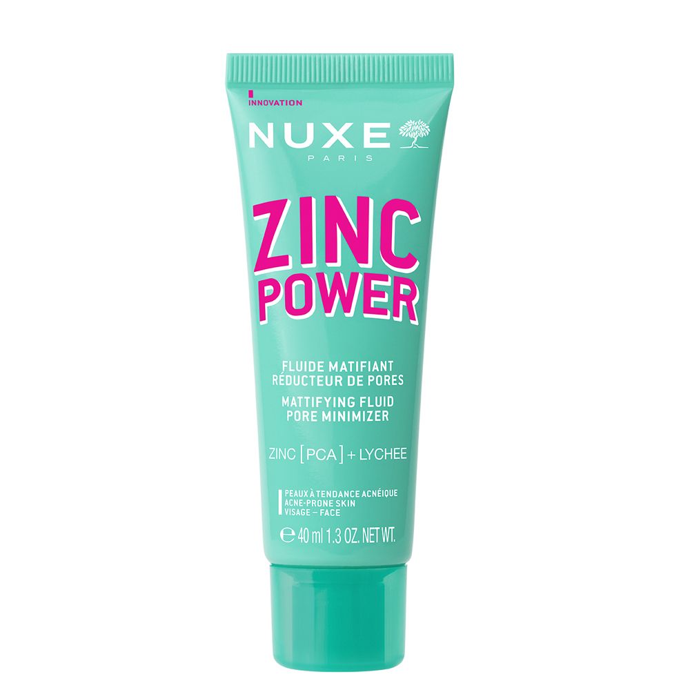 Türkisfarbene Tube mit NUXE-Logo und ZINC POWER-Schriftzug. Enthält mattierendes Fluid zur Porenverkleinerung.