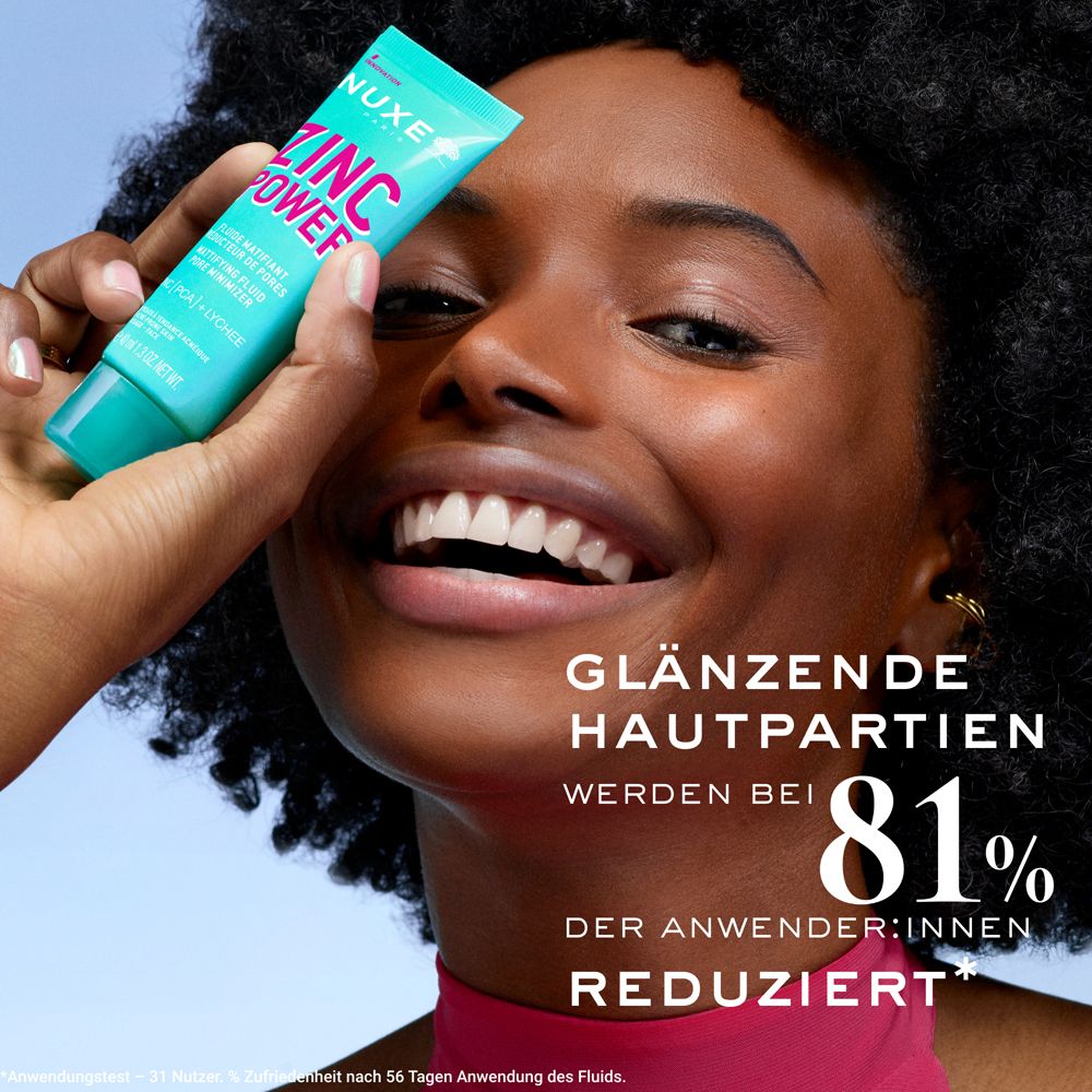 Frau hält eine türkisfarbene Tube mit ZINC POWER. Text: Glänzende Hautpartien werden bei 81% der Anwender:innen reduziert.