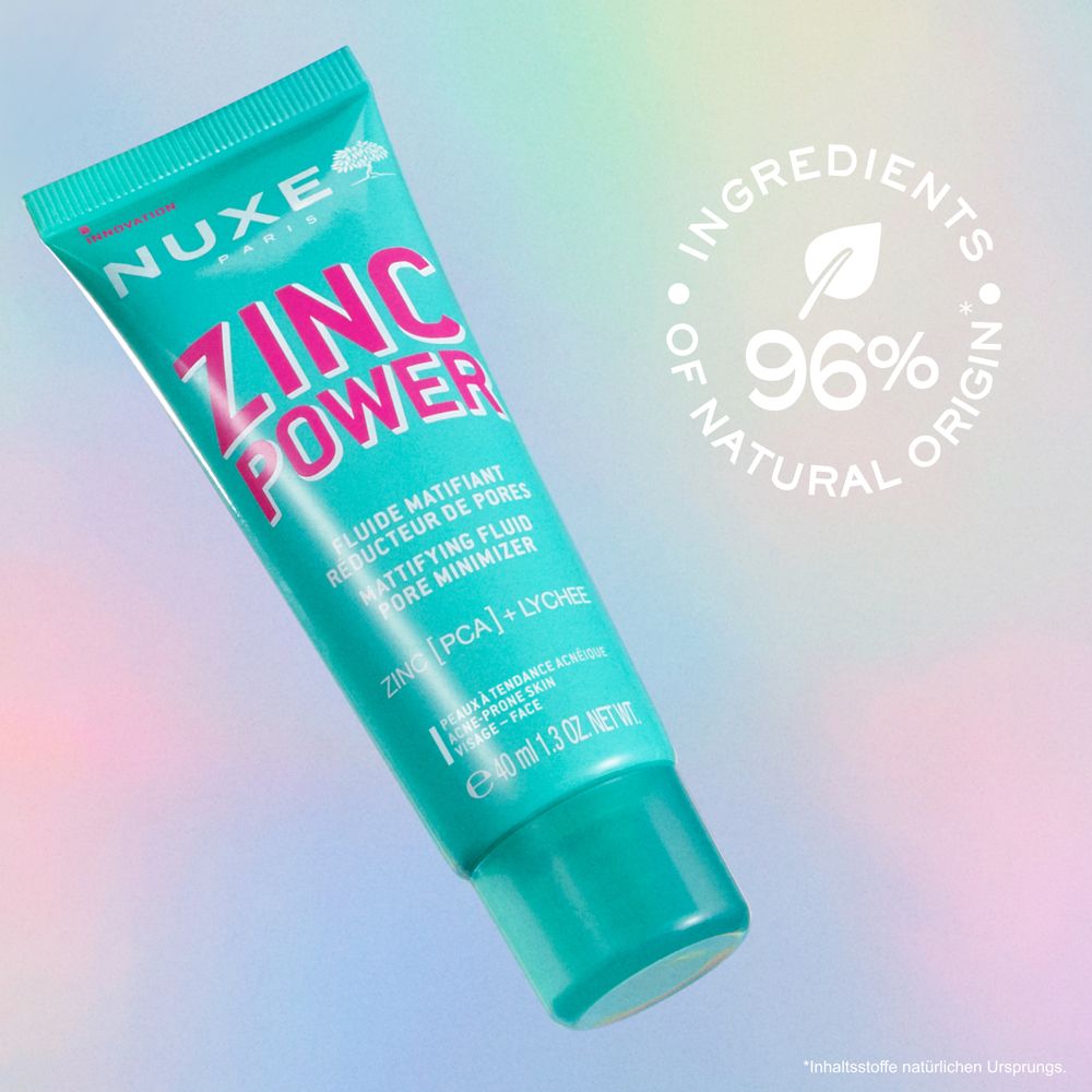 Türkisfarbene Tube mit NUXE-Logo und ZINC POWER-Schriftzug. 96% Inhaltsstoffe natürlichen Ursprungs.