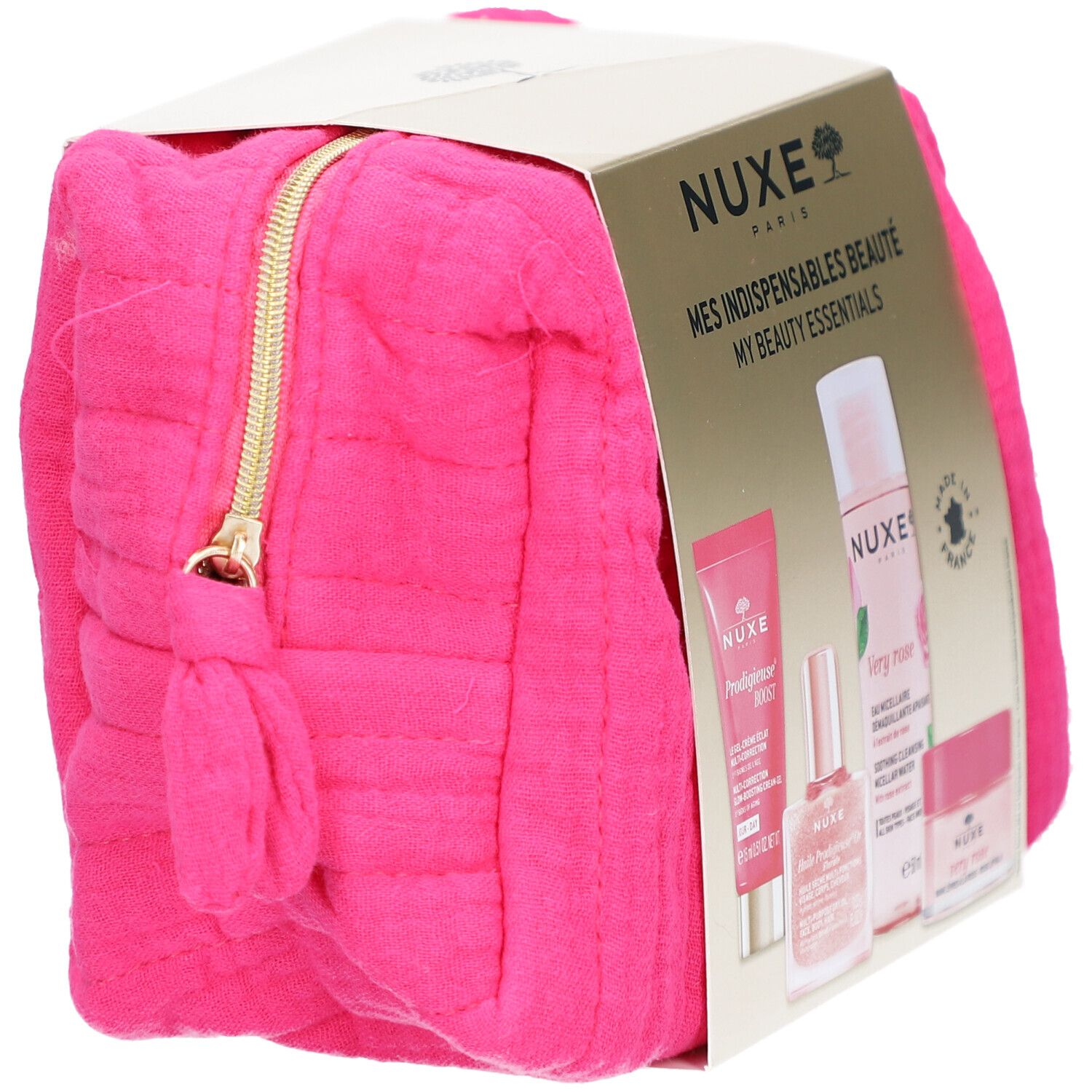 Pinkfarbene Kosmetiktasche mit goldfarbenem Reißverschluss und NUXE-Verpackung. Enthält vier Produkte.
