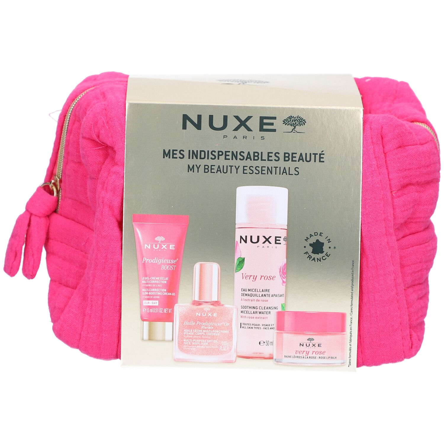Pinkfarbene Kosmetiktasche mit NUXE-Produkten. Enthält vier Produkte und eine goldfarbene Verpackung.