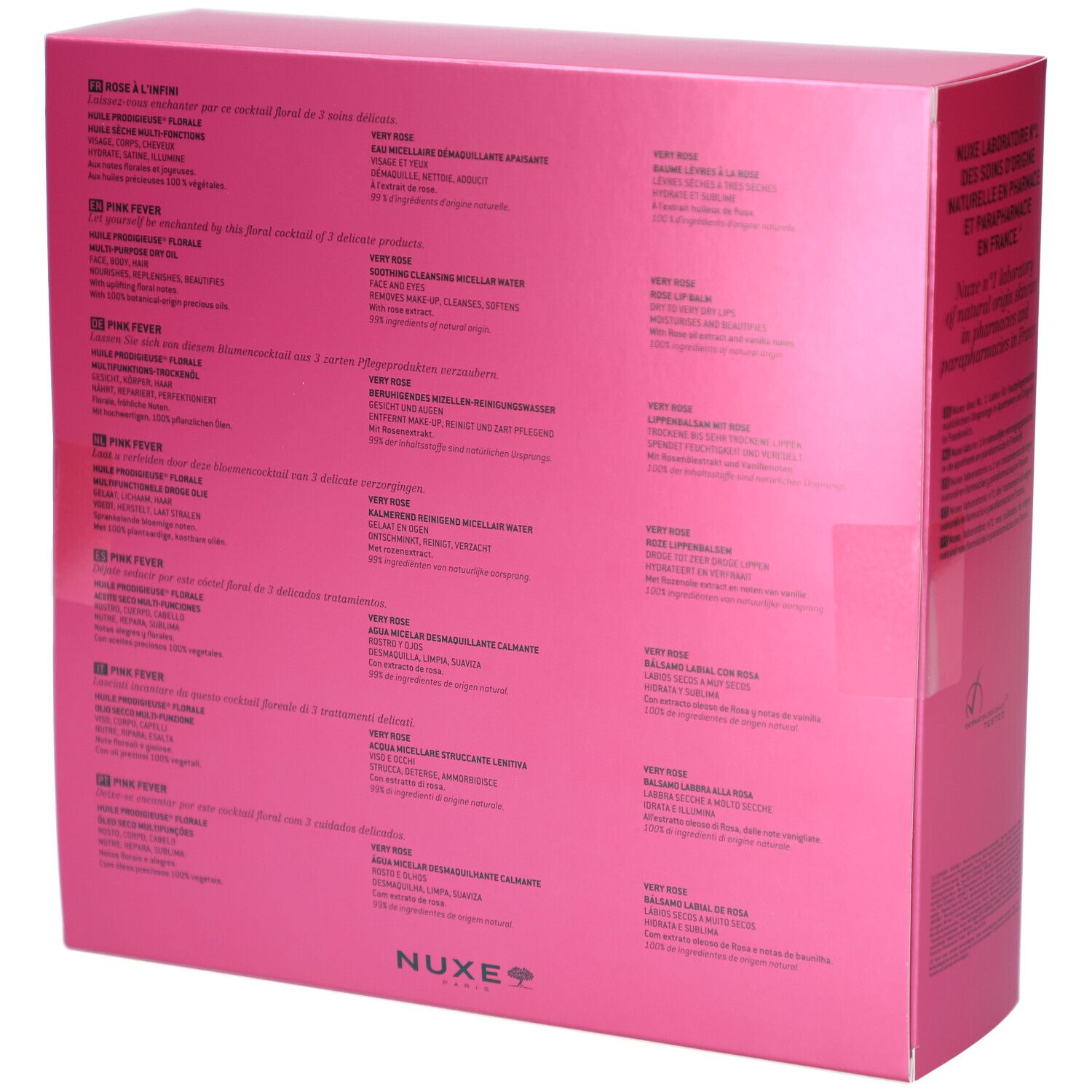 Rückseite der rosa Geschenkbox. Text in mehreren Sprachen. NUXE-Logo unten. Produktinformationen und Inhaltsstoffe.