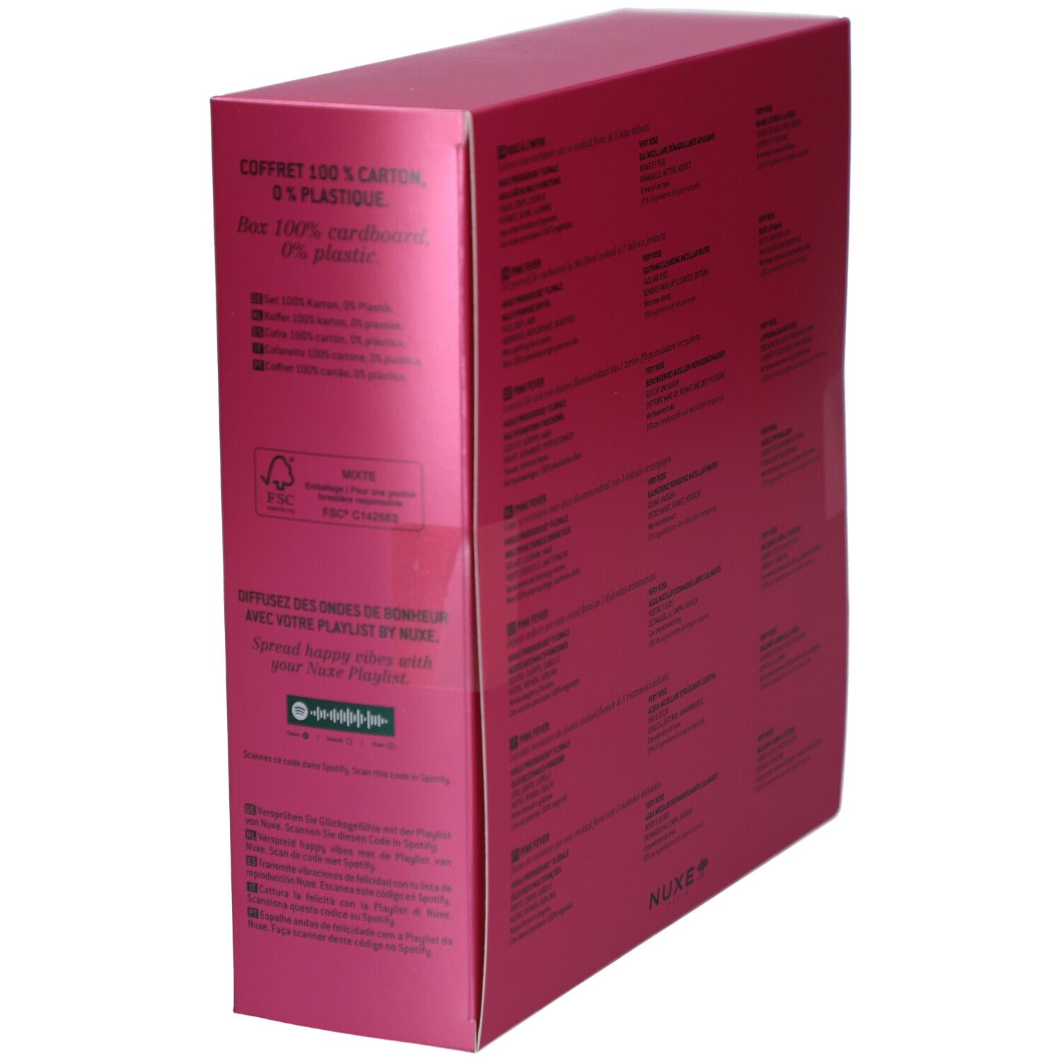 Rosa Geschenkbox-Seite. Text über Nachhaltigkeit und Recycling. FSC-Logo. NUXE-Logo. QR-Code.