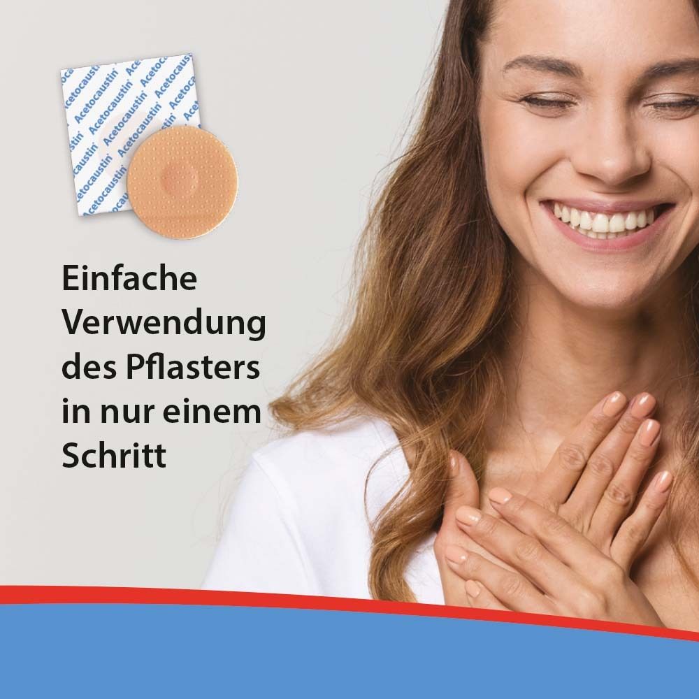 Frau lächelt. Text: Einfache Verwendung des Pflasters in nur einem Schritt.