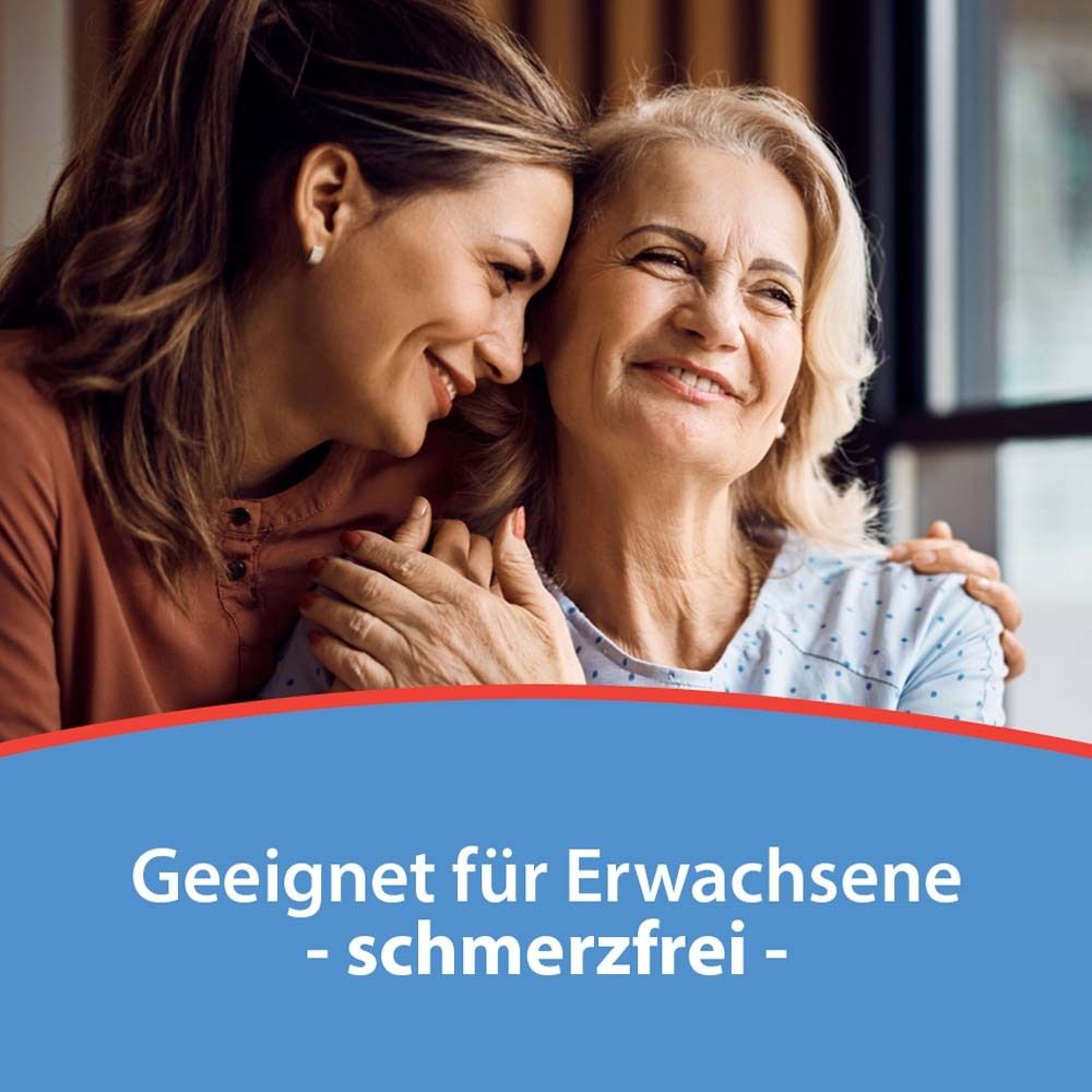Frau und ältere Frau lächeln. Text: Geeignet für Erwachsene - schmerzfrei -