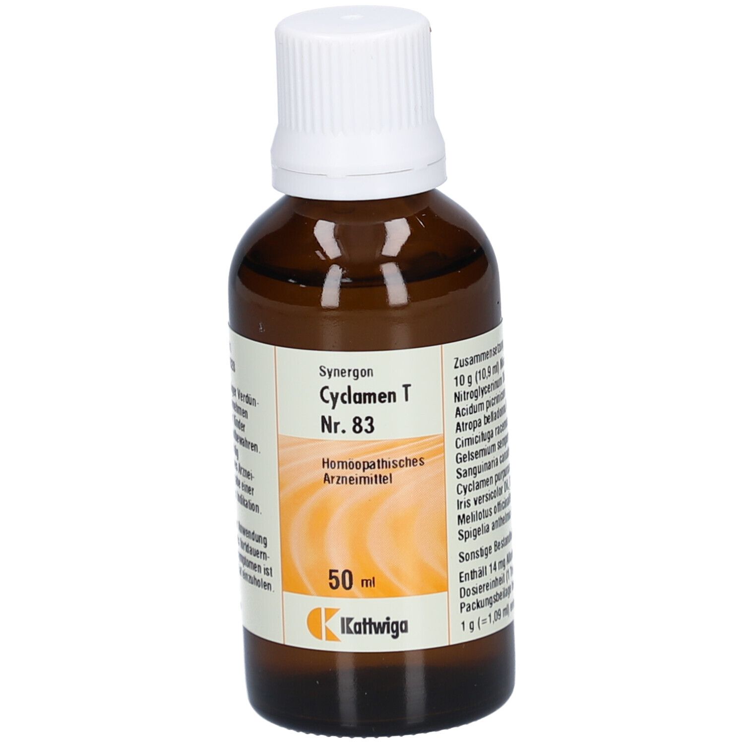 Braune Glasflasche mit weißem Deckel. Etikett mit Produktnamen, Inhaltsstoffen und Hersteller. 50 ml.