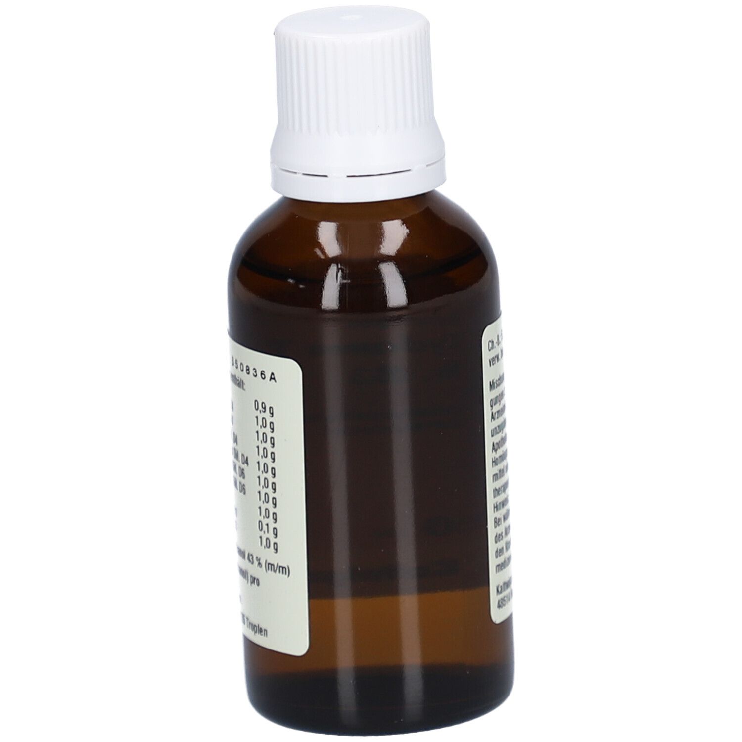 Braune Glasflasche mit weißem Deckel. Etikett mit Inhaltsstoffen und Herstellerinformationen.