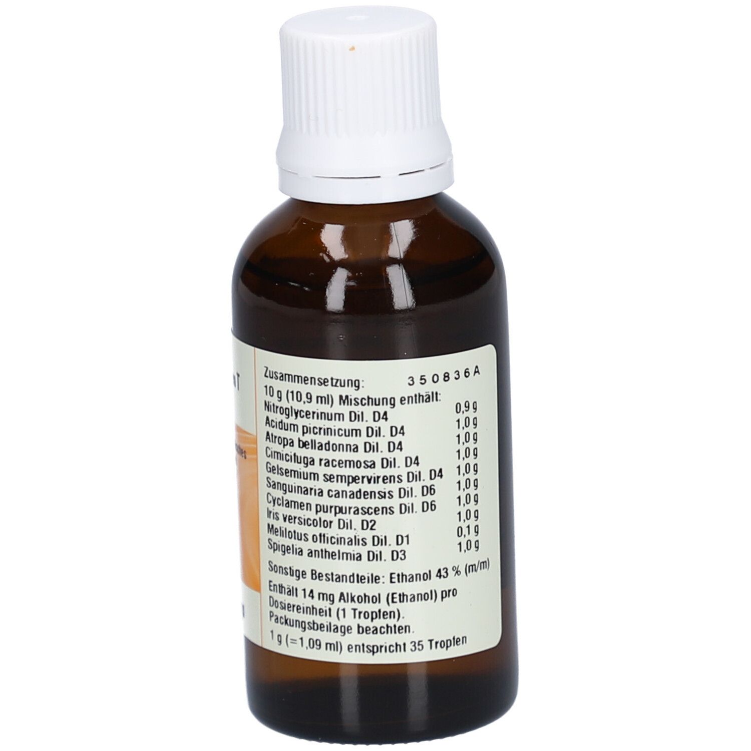 Braune Glasflasche mit weißem Deckel. Etikett mit Inhaltsstoffen und Herstellerinformationen.