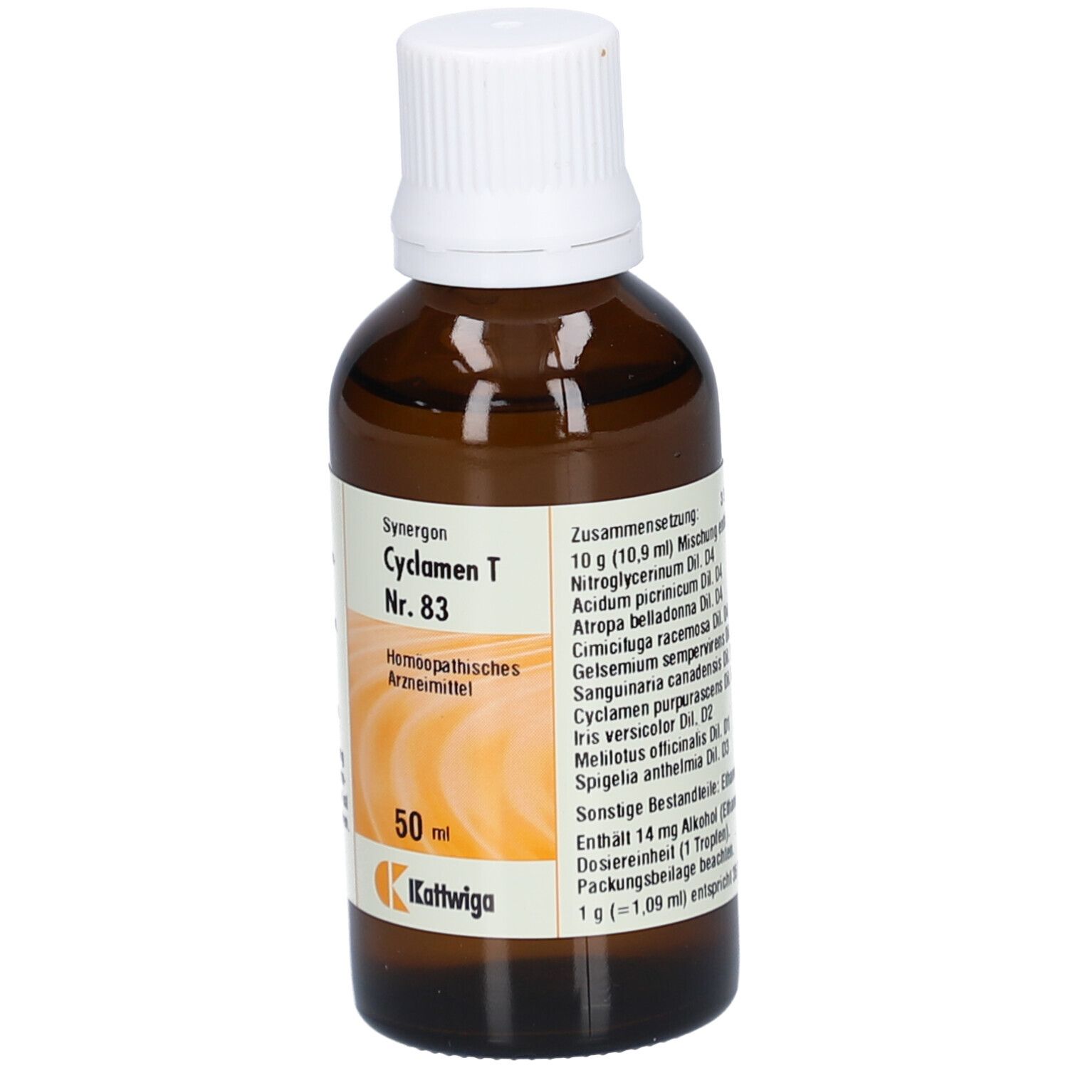 Braune Glasflasche mit weißem Deckel. Etikett mit Produktnamen, Inhaltsstoffen und Hersteller. 50 ml.