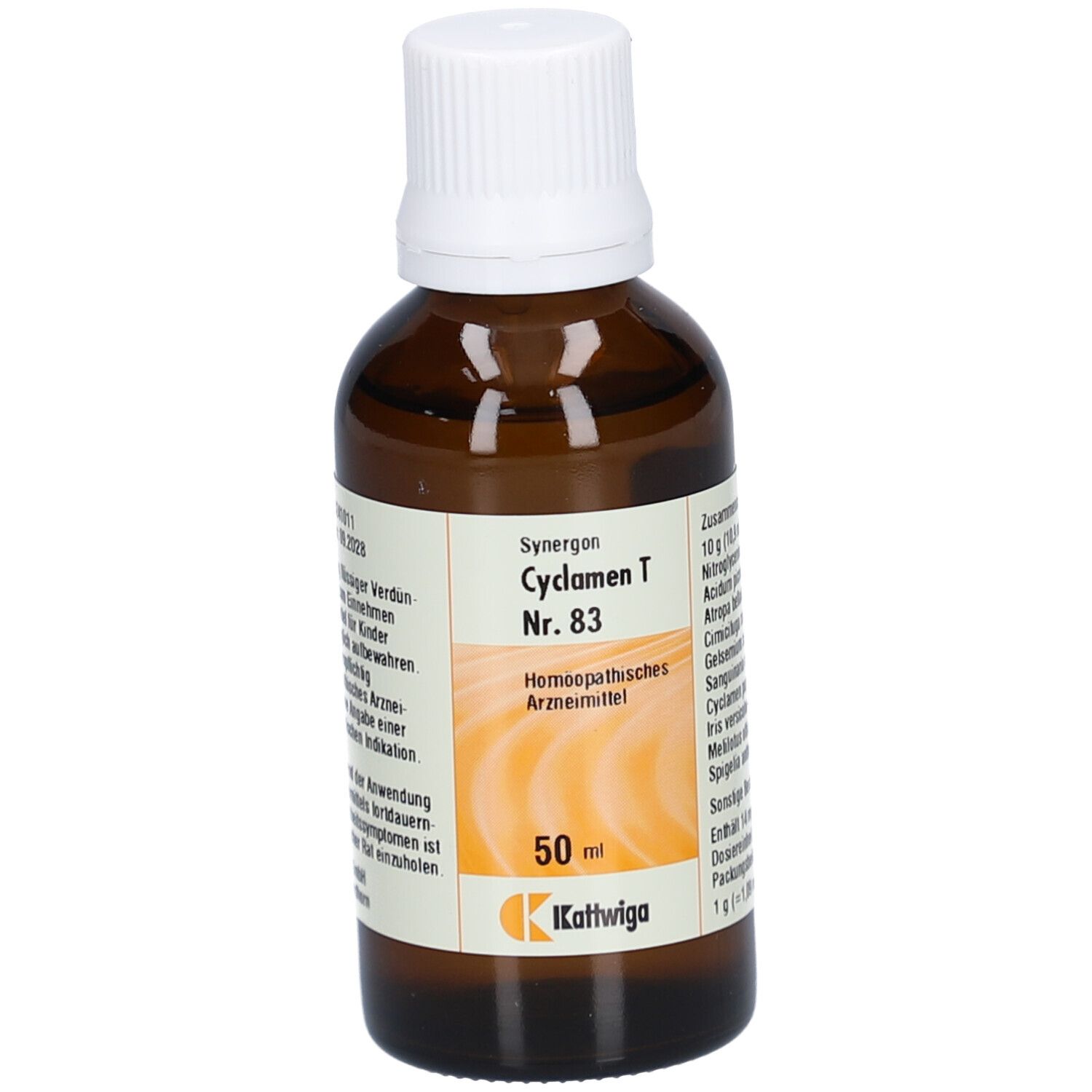 Braune Glasflasche mit weißem Deckel. Etikett mit Produktnamen, Inhaltsstoffen und Hersteller. 50 ml.