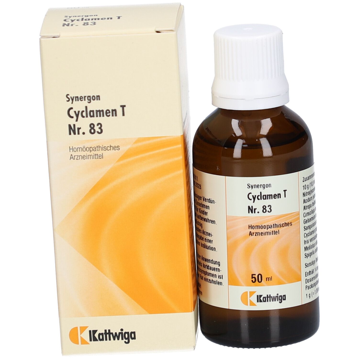 Braune Glasflasche mit weißem Deckel und Karton. Produktname, Hersteller und Inhaltsstoffe sichtbar.