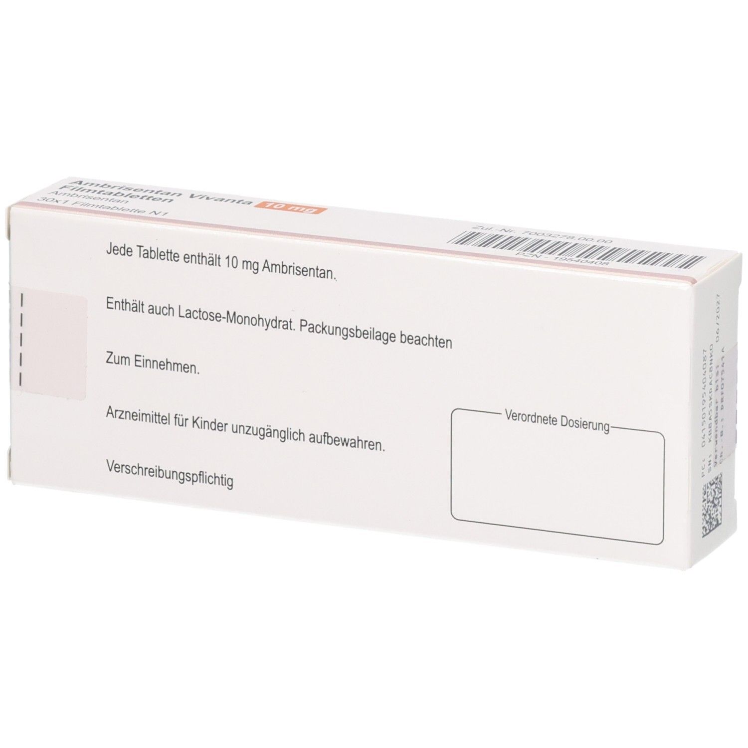 Rückseite der Verpackung von Ambrisentan Vivanta 10 mg Filmtabletten mit Dosierungsinformationen.