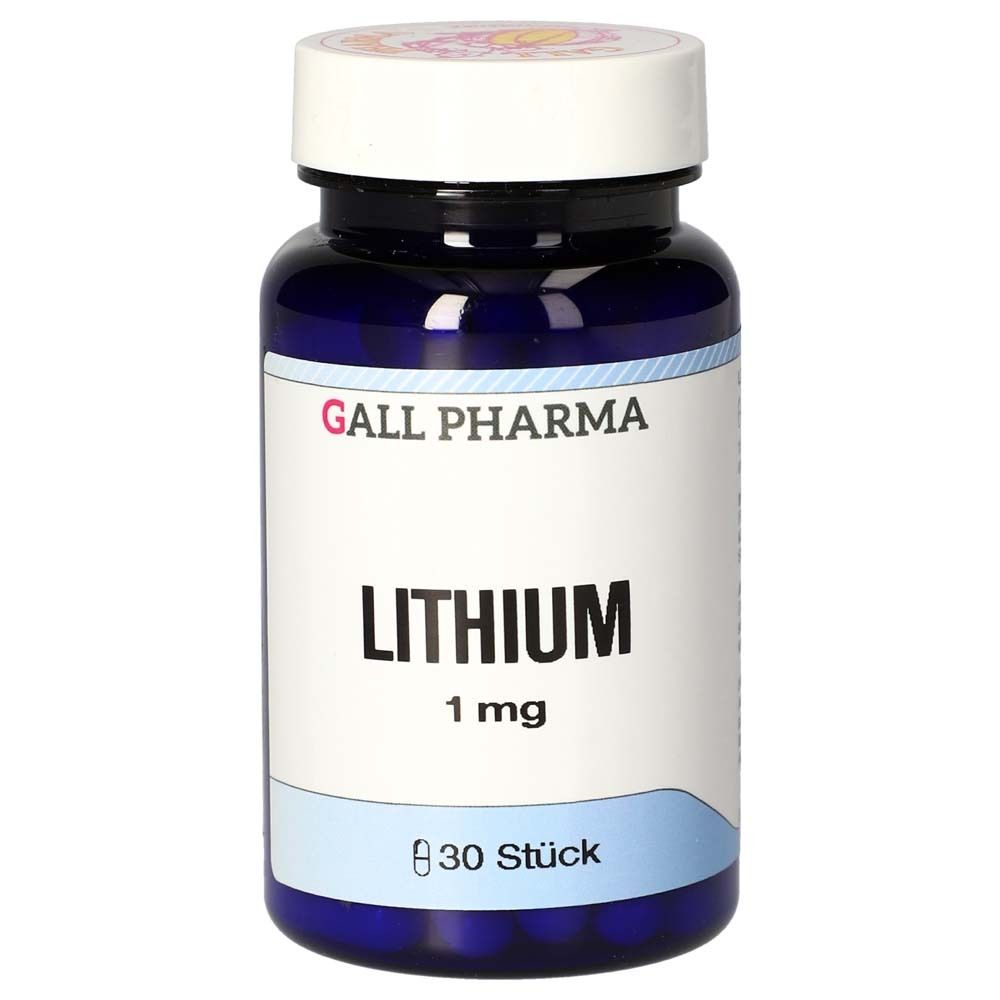 Blaue Flasche mit weißem Deckel. Aufschrift: GALL PHARMA, LITHIUM 1 mg, 30 Stück.