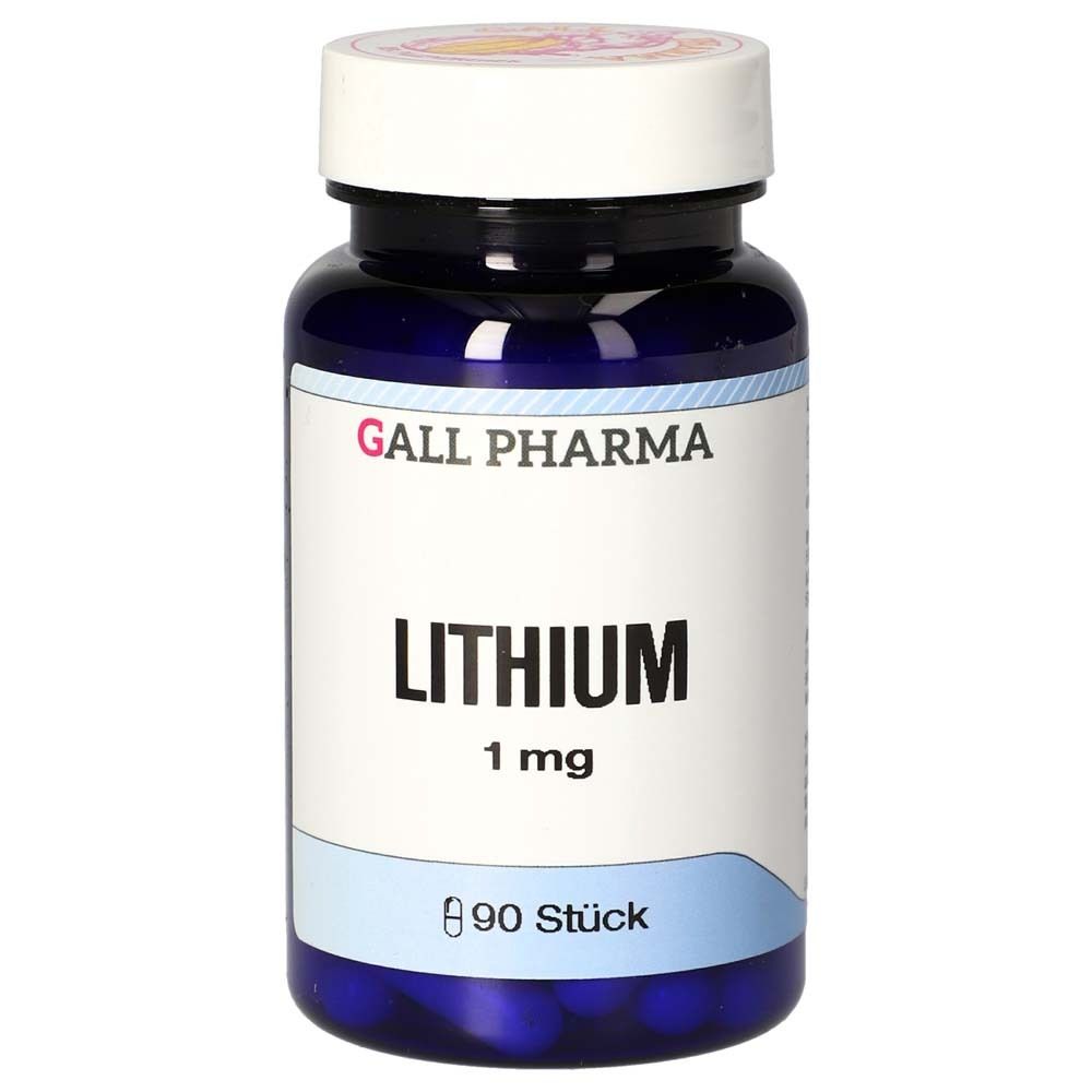 Dunkelblaue Flasche mit weißem Deckel. Aufschrift: GALL PHARMA, LITHIUM 1 mg, 90 Stück.