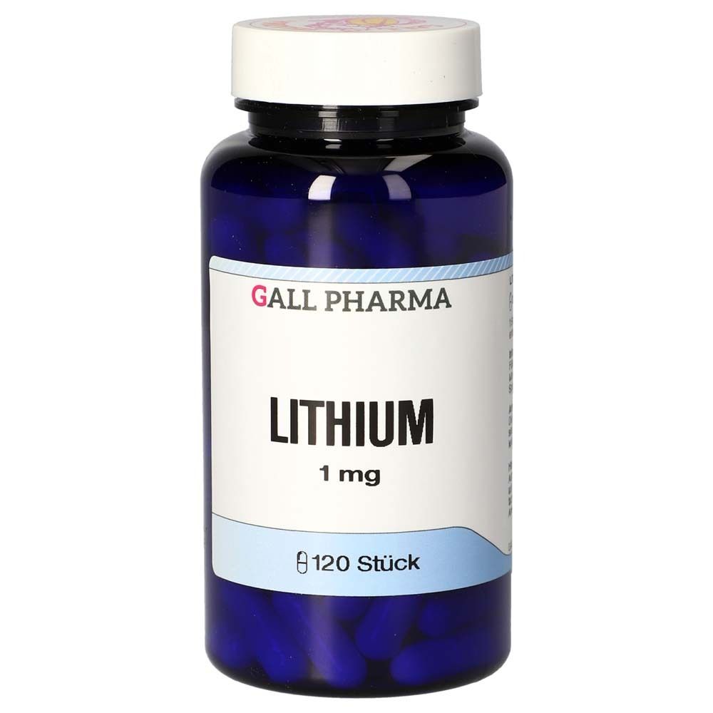 Dunkelblaue Flasche mit weißen Kappe. Aufschrift: GALL PHARMA, LITHIUM 1 mg, 120 Stück.