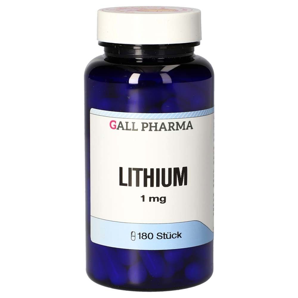 Blaue Flasche mit weißen Kapseln. Auf dem Etikett steht "GALL PHARMA Lithium 1 mg" und "180 Stück".