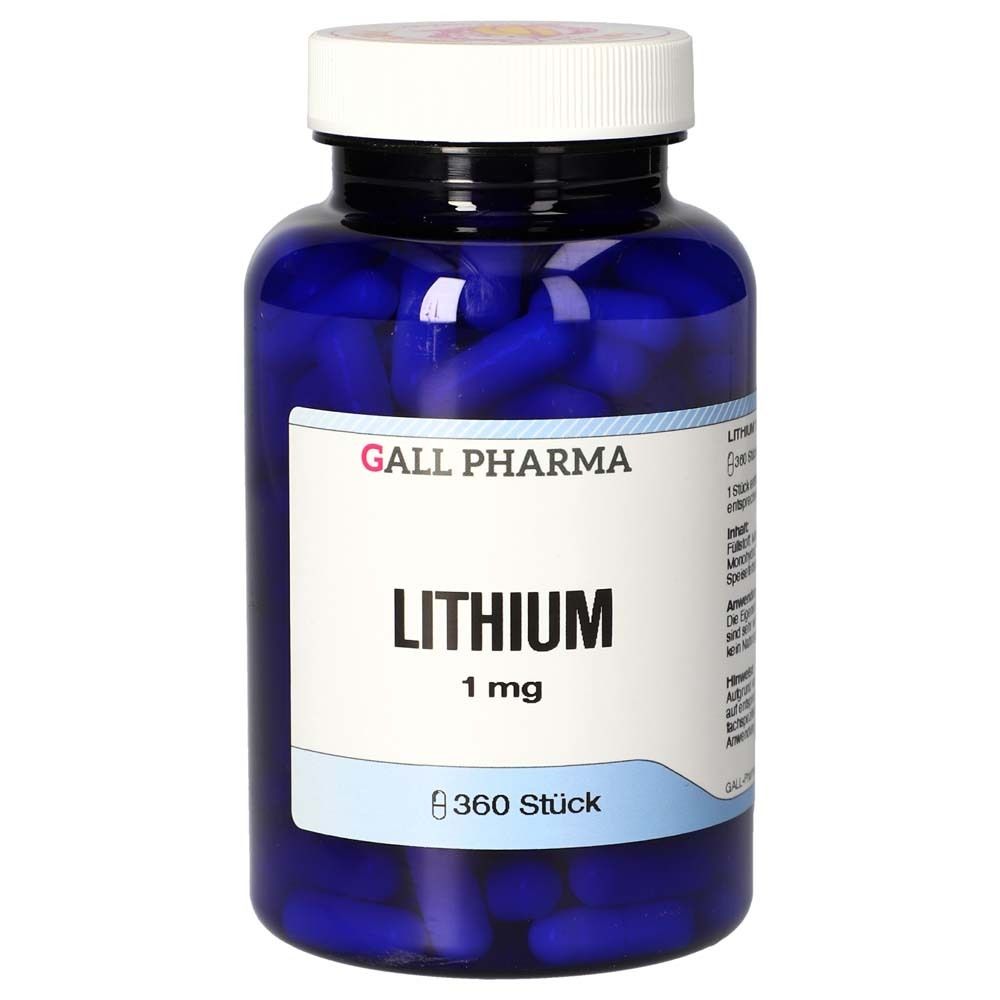 Blaue Flasche mit weißen Deckel. Aufschrift: GALL PHARMA, Lithium 1 mg, 360 Stück.