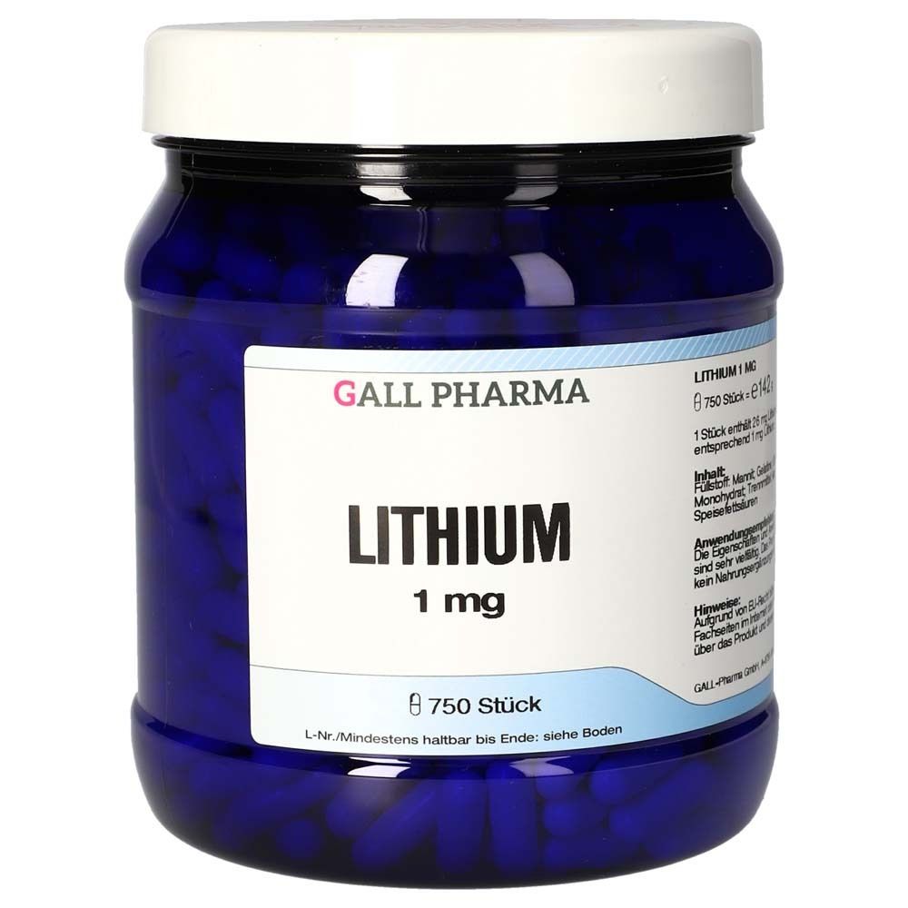 Blaues Kunststoffglas mit weißen Deckel. Aufschrift: GALL PHARMA LITHIUM 1 mg, 750 Stück. Enthält Kapseln.