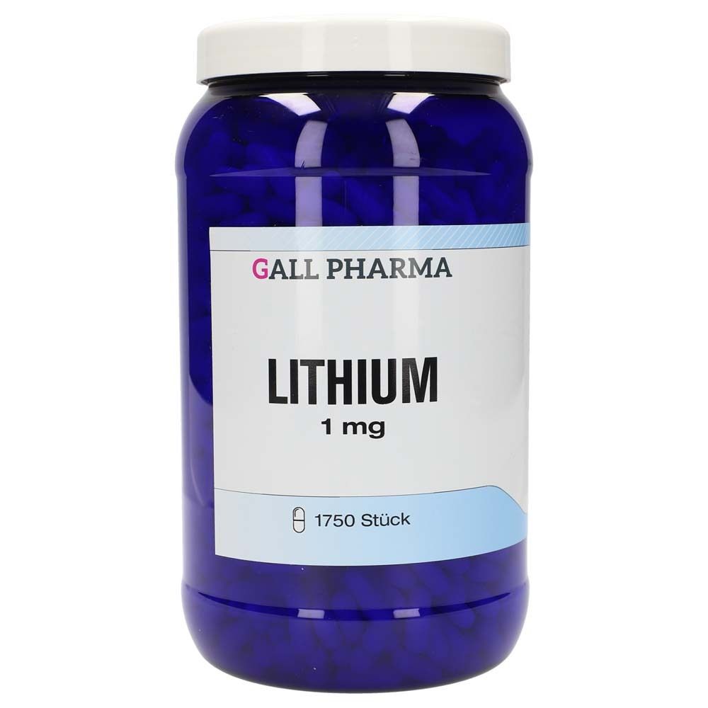 Blaue Kunststoffdose mit weißem Deckel. Aufkleber mit "GALL PHARMA Lithium 1 mg". Enthält 1750 Stück.