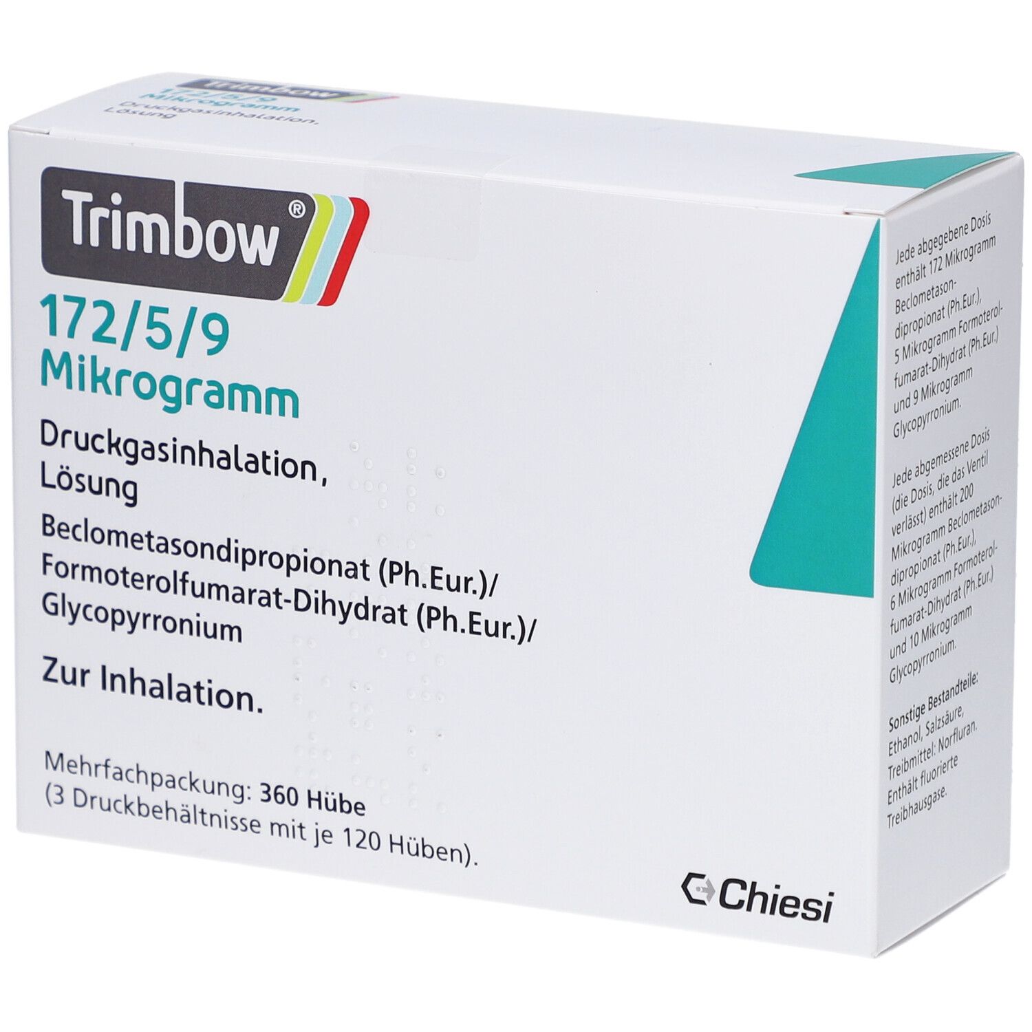 Weiße Verpackung mit Produktinformationen. Aufschrift: Trimbow 172/5/9 Mikrogramm, Druckgasinhalation, Lösung. Mehrfachpackung: 360 Hübe.
