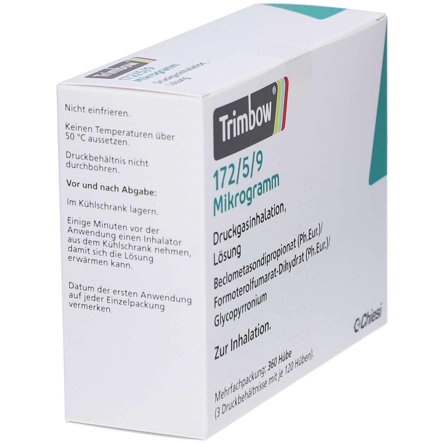 Schräg gestellte weiße Verpackung. Aufschrift: Trimbow 172/5/9 Mikrogramm, Druckgasinhalation, Lösung. Mehrfachpackung: 360 Hübe. Warnhinweise auf der Seite.